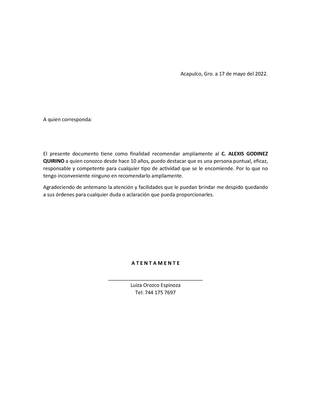 Cartas de recomendacion - Acapulco, Gro. a 17 de mayo del 2022. A quien ...