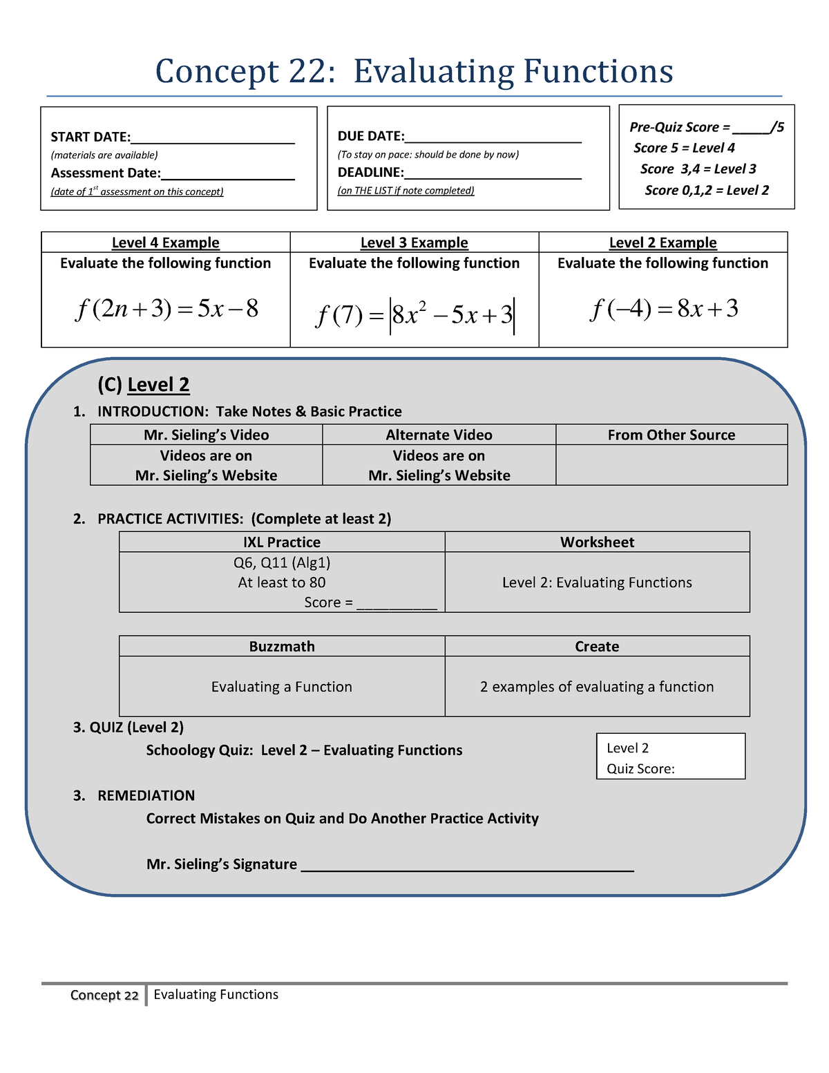 8th Evaluating Functions - Concept 22: Evaluating Functions Level 4 