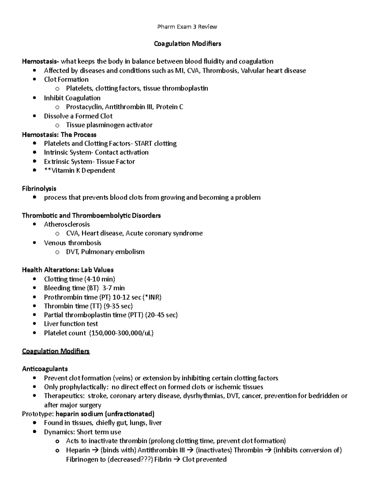 Pharmacology Exam 3 Review Outline - Pharm Exam 3 Review Coagulation ...