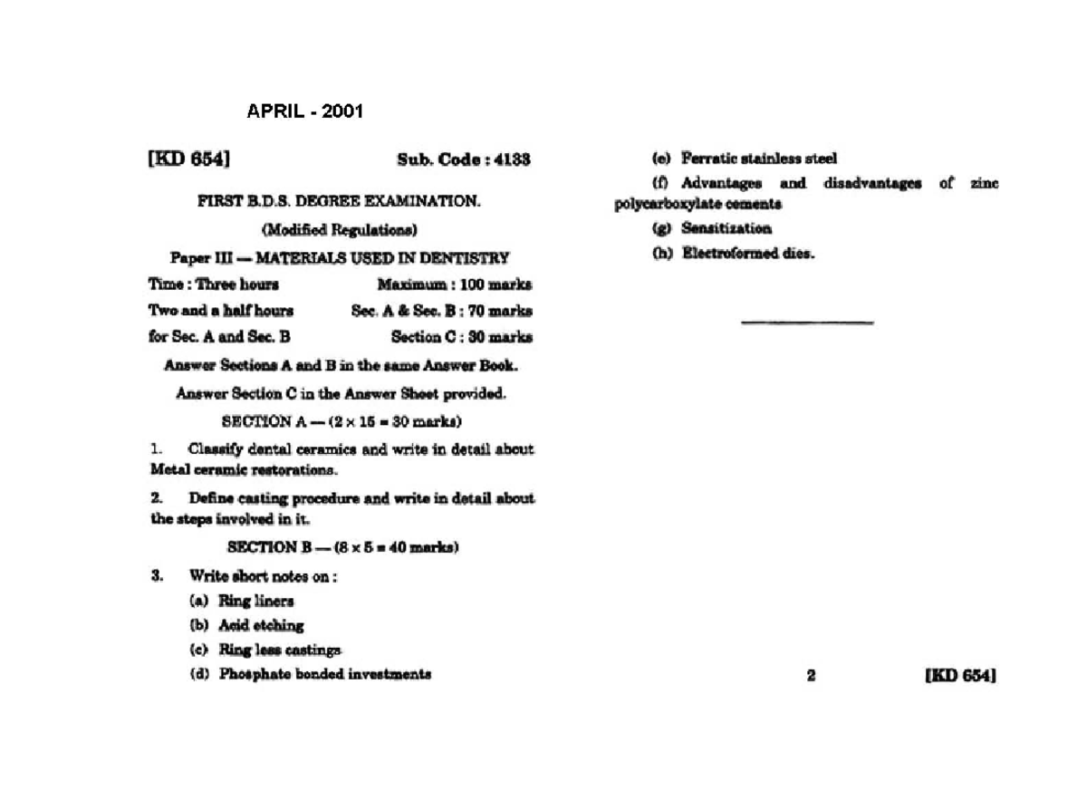 BDS Question Papers Materials USED IN Dentistry 2001 TO 2011 - APRIL ...