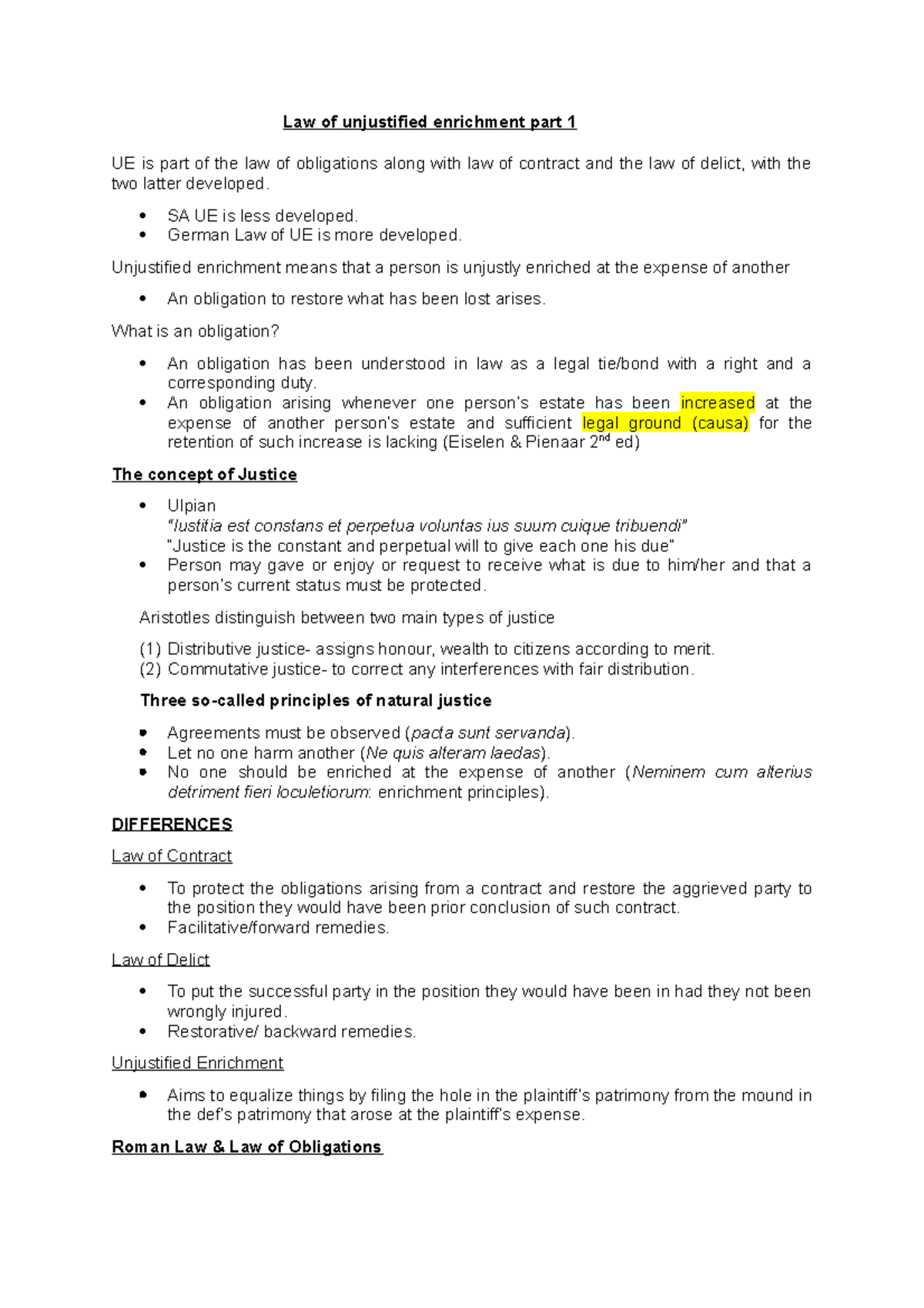 Private Law notes Law of unjustified enrichment part 1 UE is part of