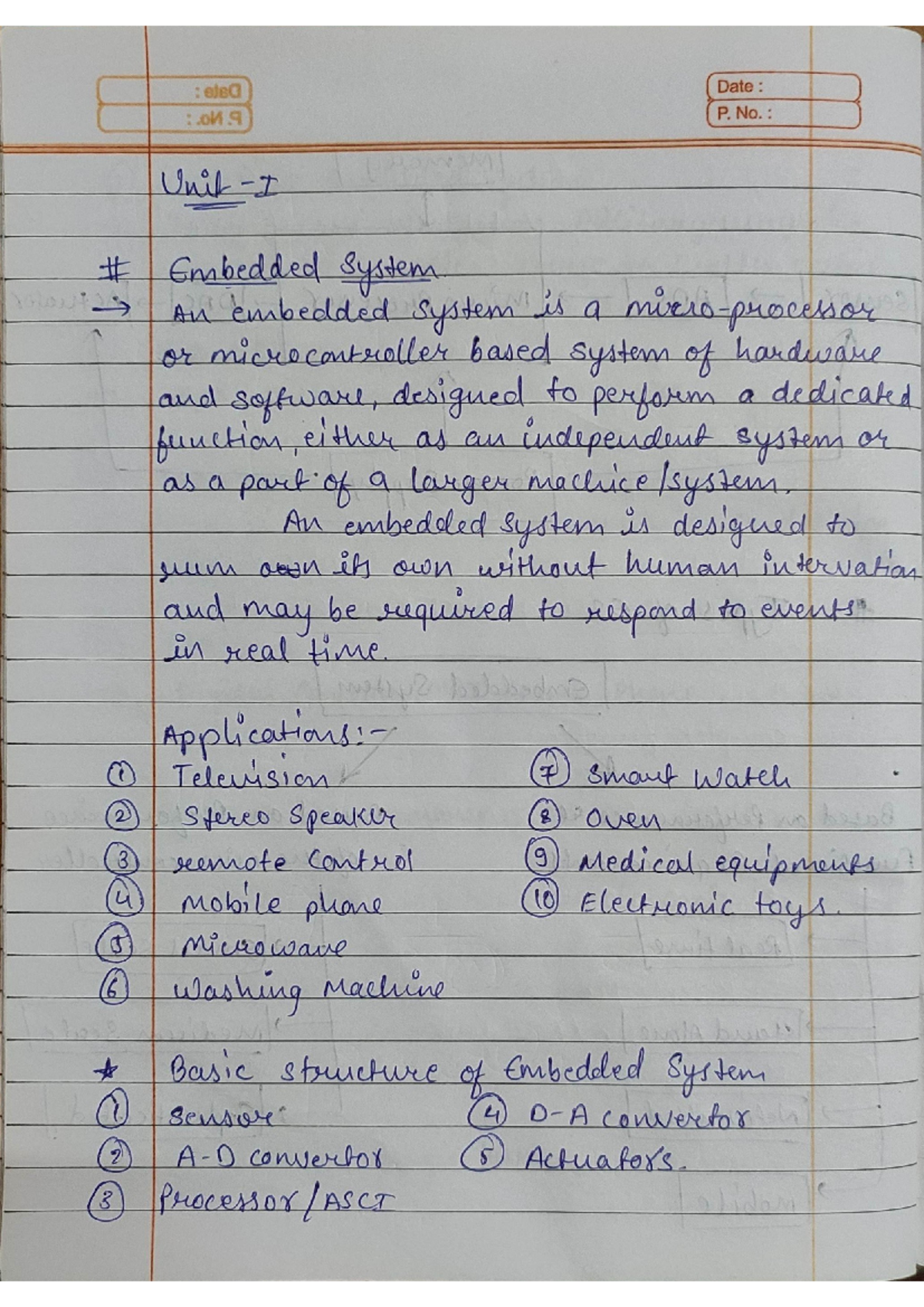 Embedded Unit -1 - HAND WRITTEN NOTES - Date : on P. No. Unit Embedded ...