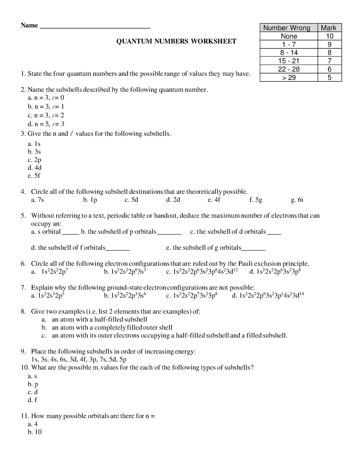 assignment on quantum numbers