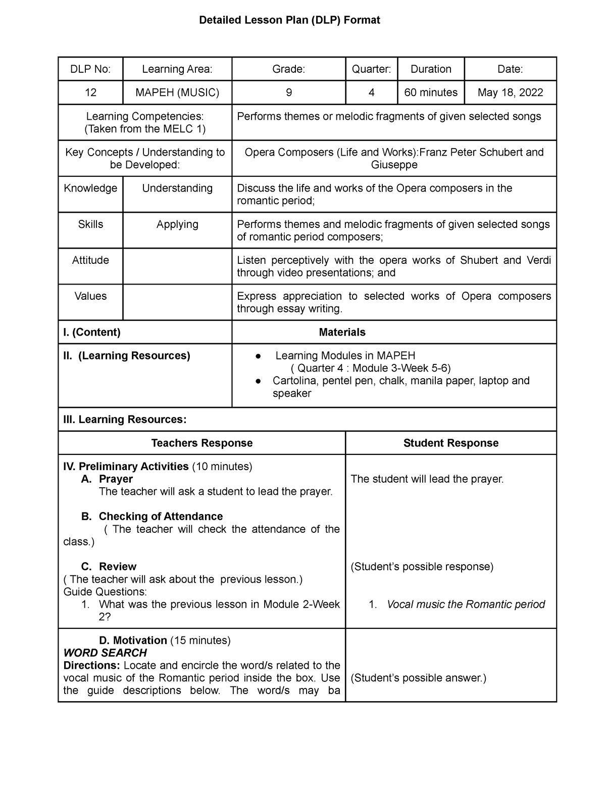 DLP 12 Music 9 - YES - Detailed Lesson Plan (DLP) Format DLP No ...