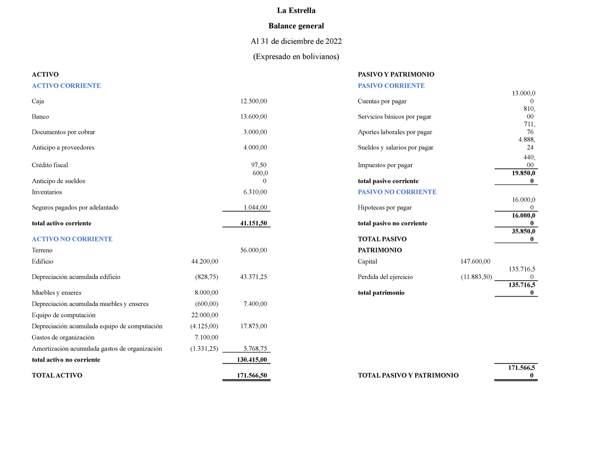 Bg Estrella Balances La Estrella Balance General Al 31 De Diciembre