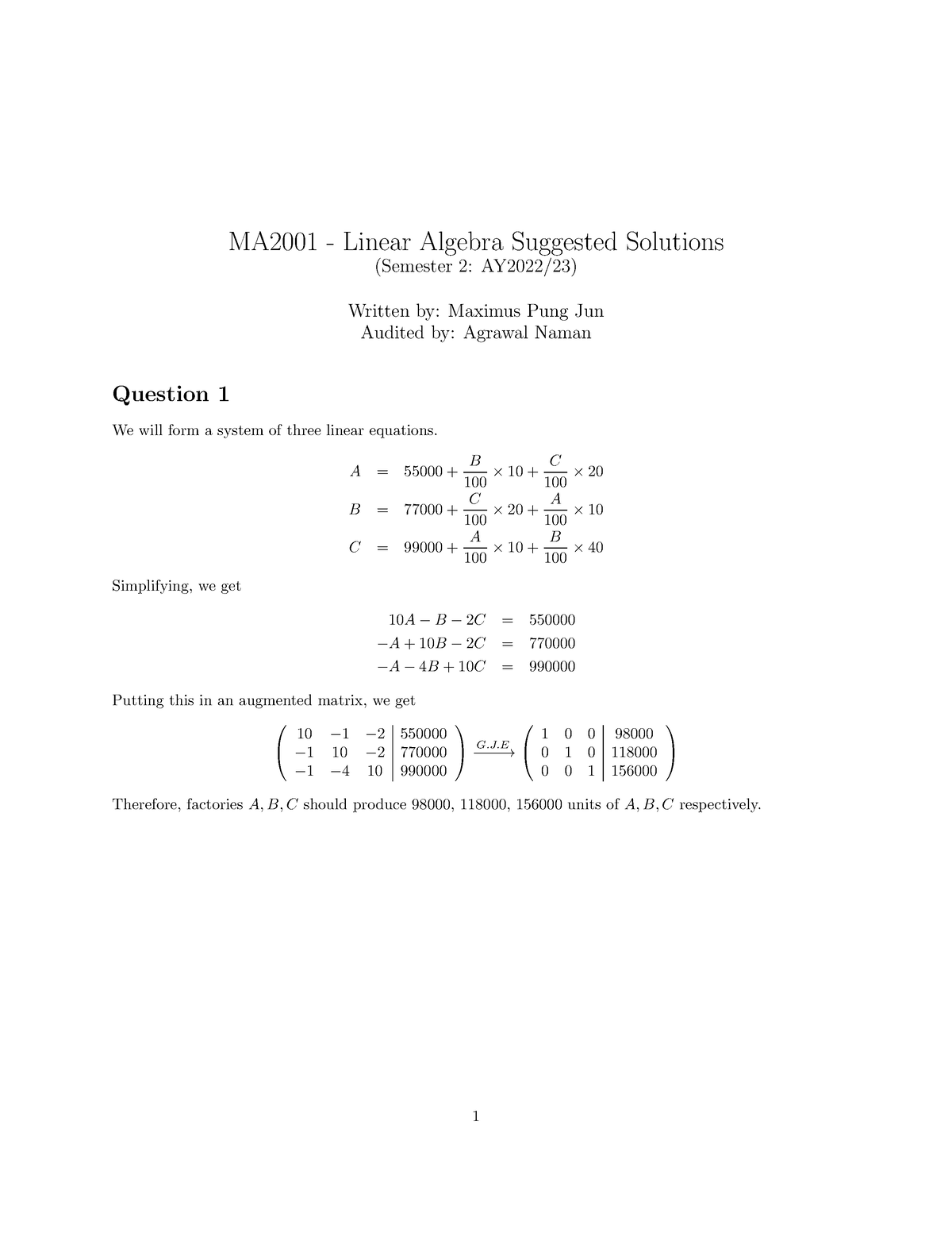 MA2001 2220 Solutions - Ma Linear Alfebra Course Fibnals Paper - MA2001 ...