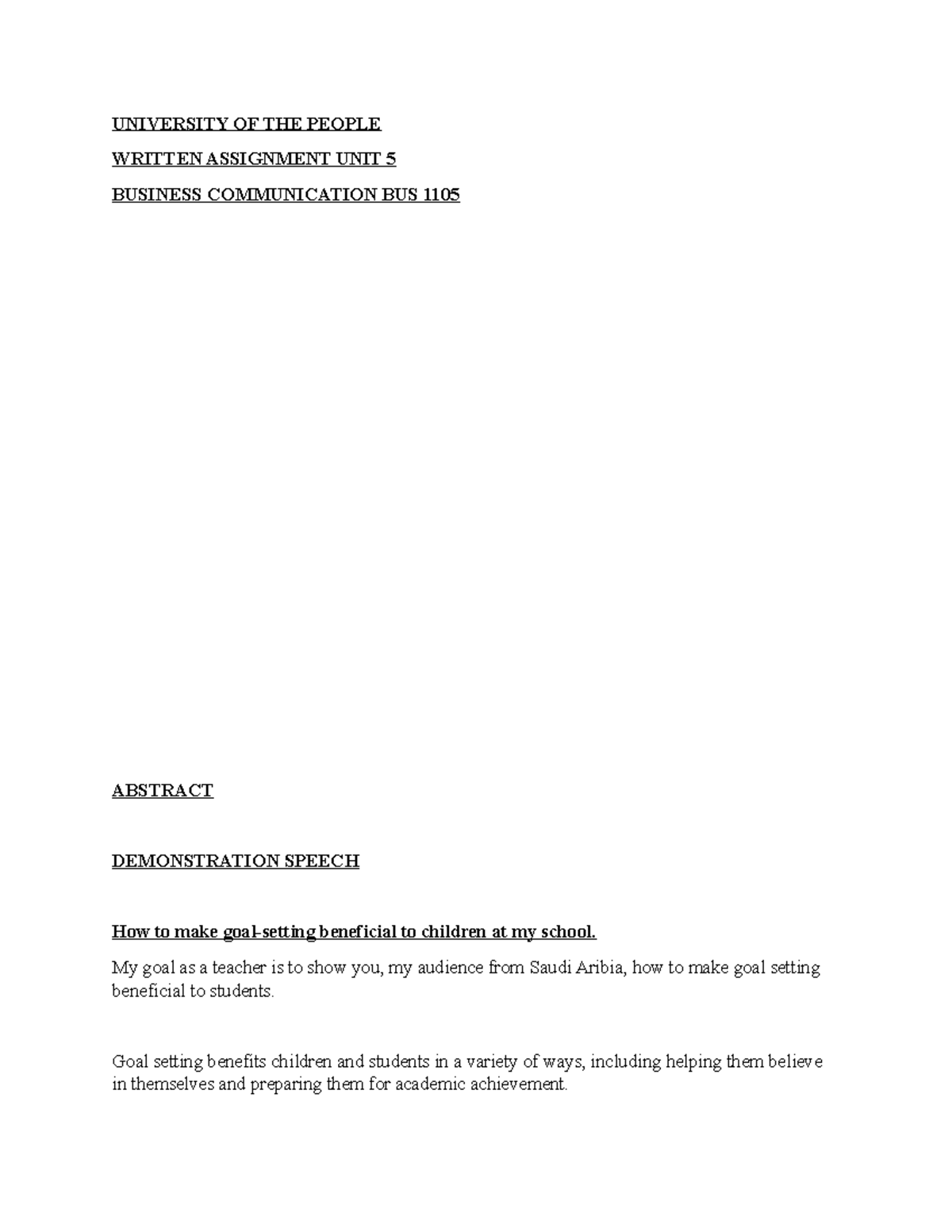 Bus 1105 Written Assignment Unit 5 - UNIVERSITY OF THE PEOPLE WRITTEN ...