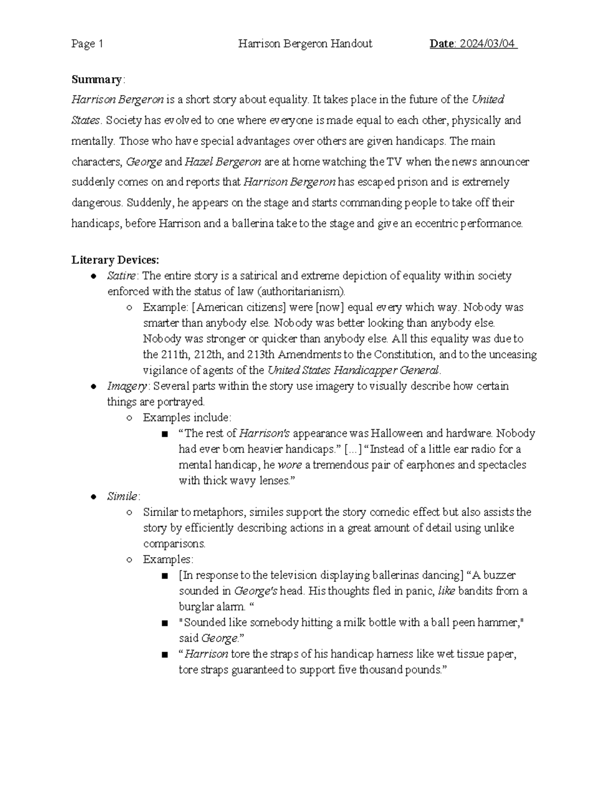 ENG3U106 Harrison Bergeron Handout Page 1 Harrison Bergeron