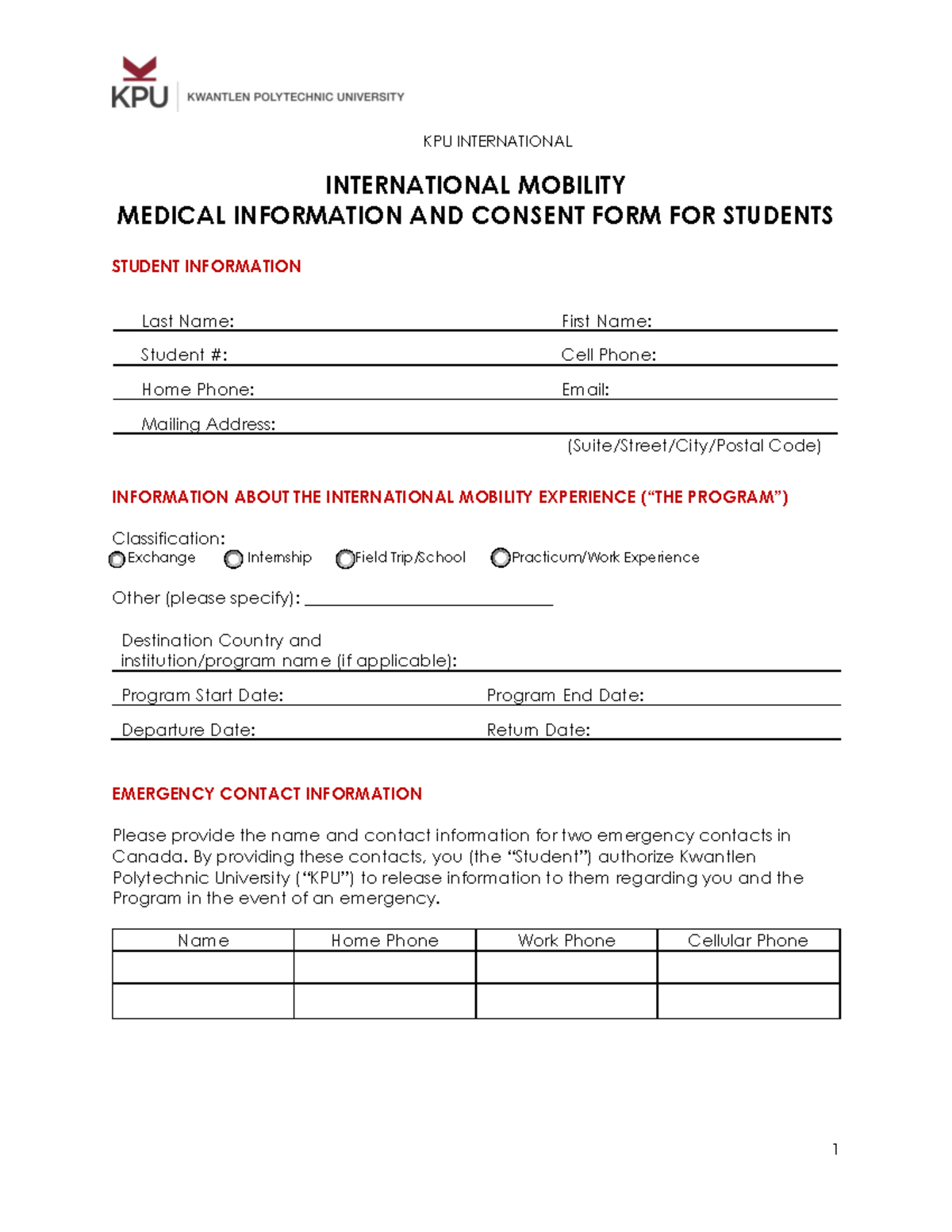 Fillable - International Mobility Medical Information and Consent for ...