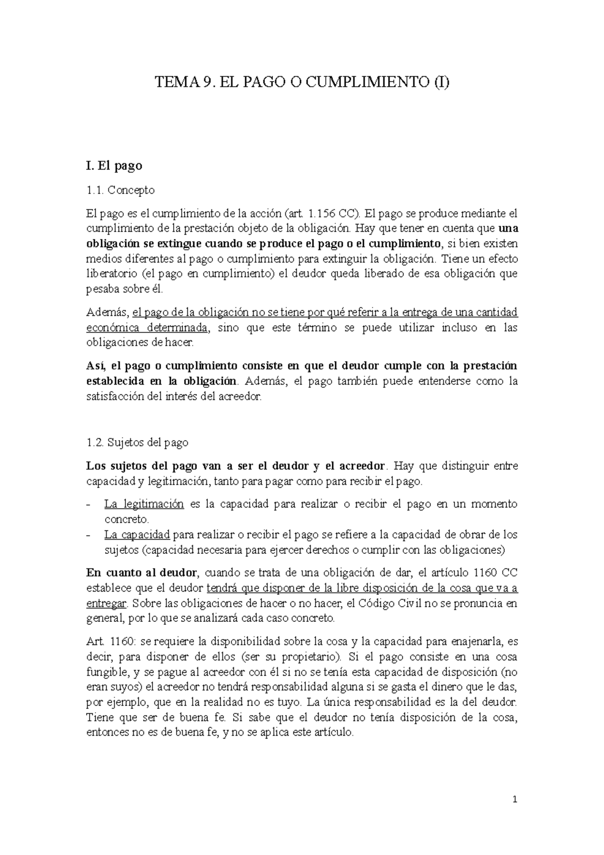 Tema 9 - Derecho de las obligaciones - TEMA 9. EL PAGO O CUMPLIMIENTO ...