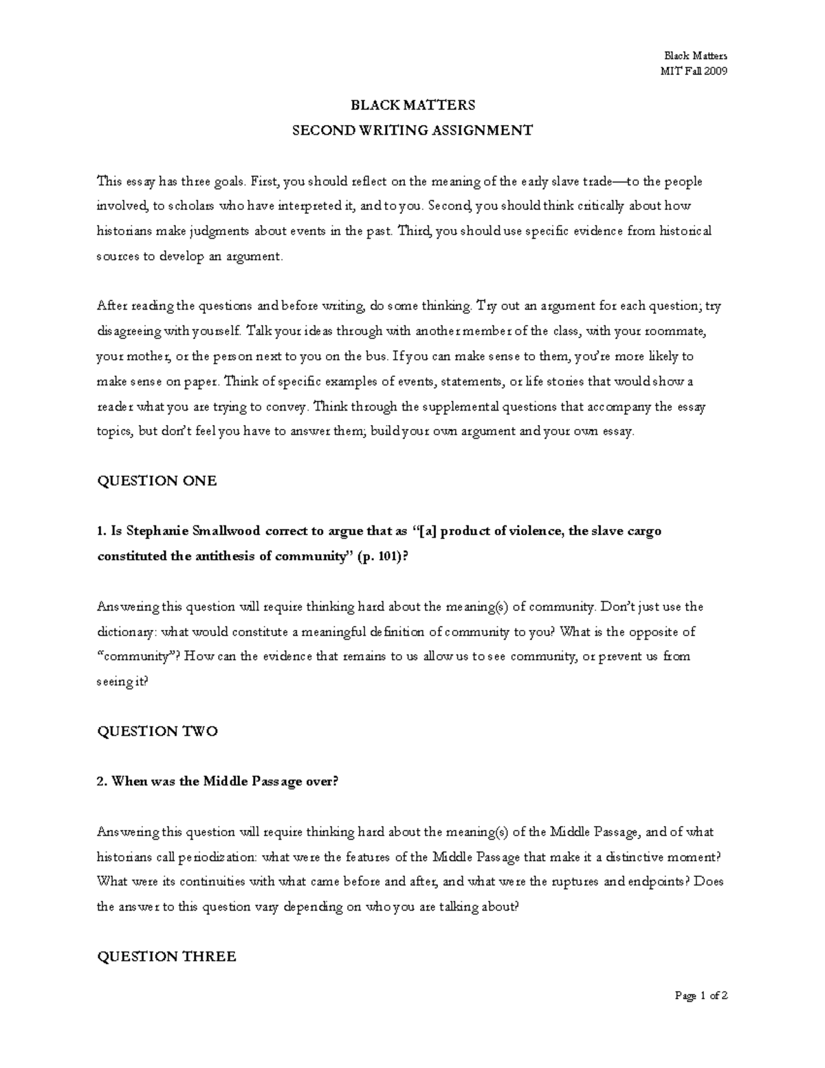 Second Writing Assignment - Black Matters MIT Fall 2009 BLACK MATTERS