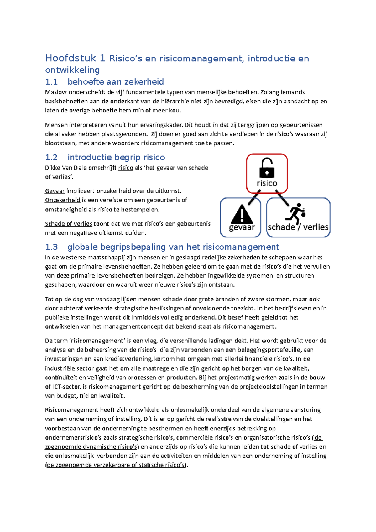 Studievoorbereiding Risico Management - Hoofdstuk 1 Risico’s En ...