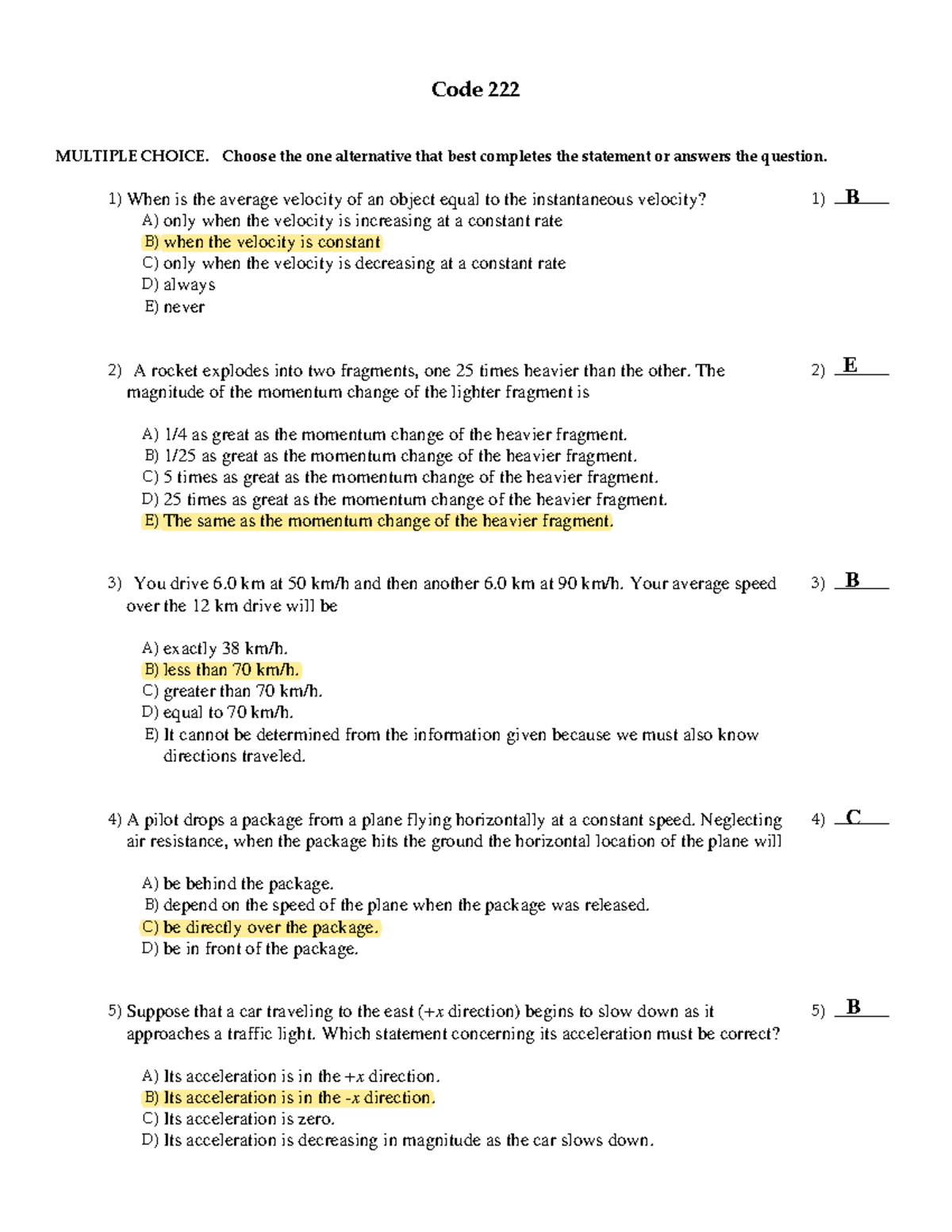 Midterm 222 Posting - Code 222 MULTIPLE CHOICE. Choose The One ...