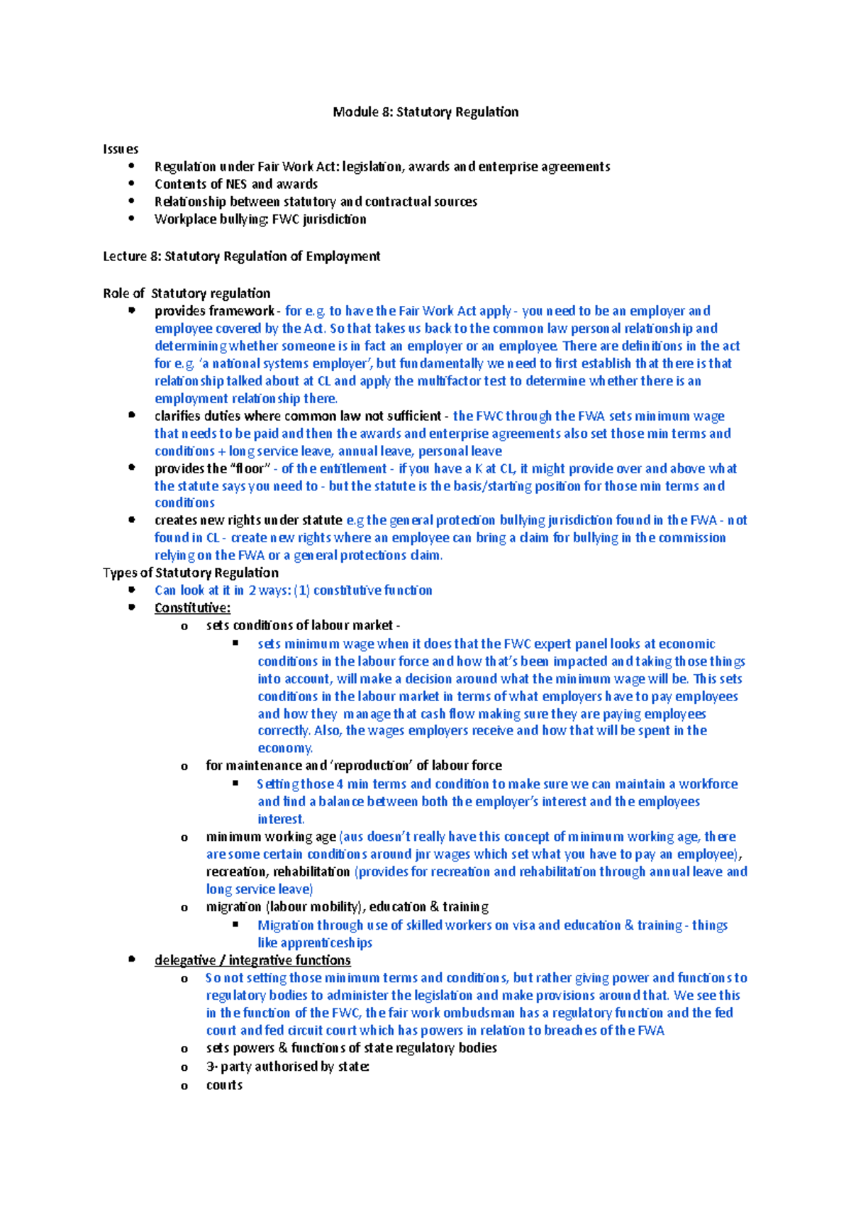 Lecture 8 labour law - Module 8: Statutory Regulation Issues Regulation ...
