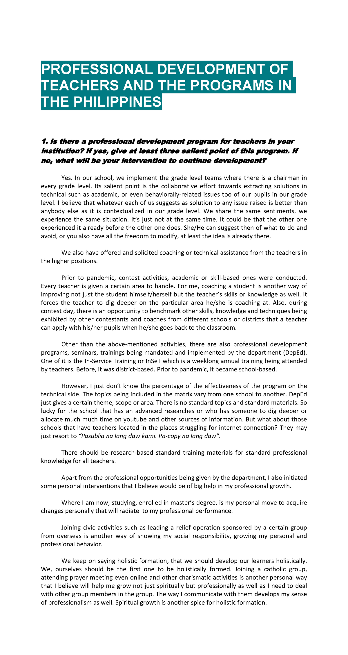 Professional Development OF Teachers IN THE Philippines - PROFESSIONAL ...