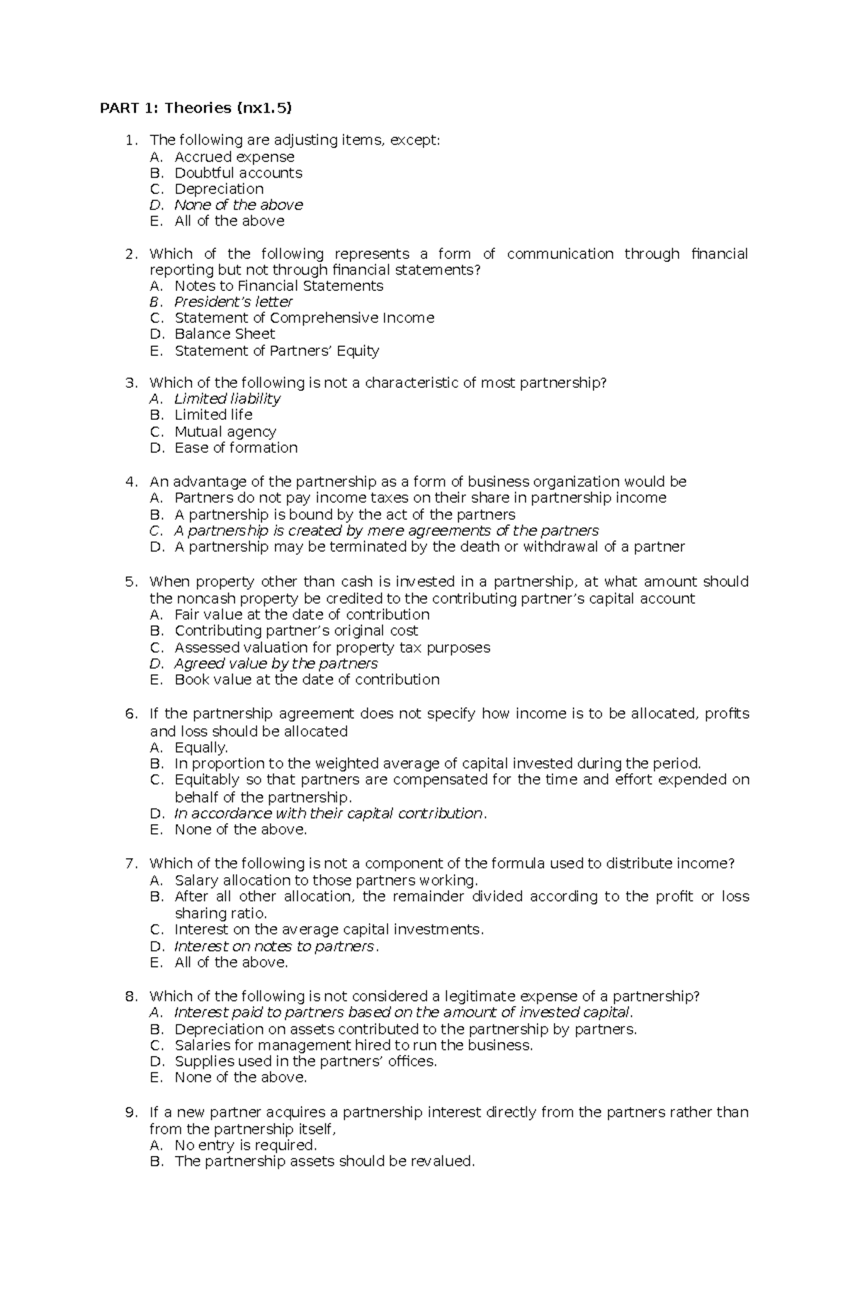 AC 502 Midterm Review Exam - PART 1: Theories (nx1) The following are ...