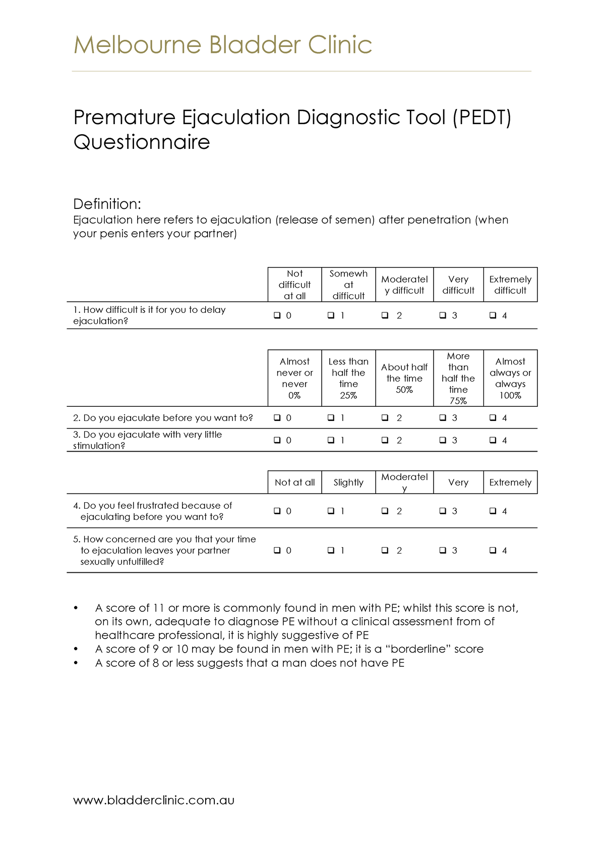 Premature ejaculation diagnostic tool pedt Melbourne Bladder