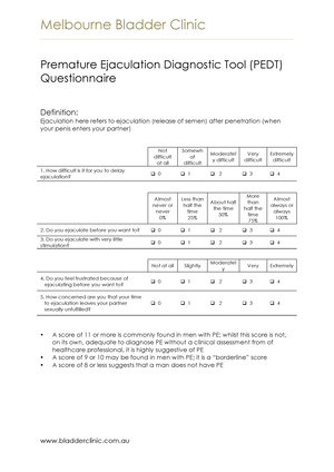 Premature ejaculation diagnostic tool pedt Melbourne Bladder