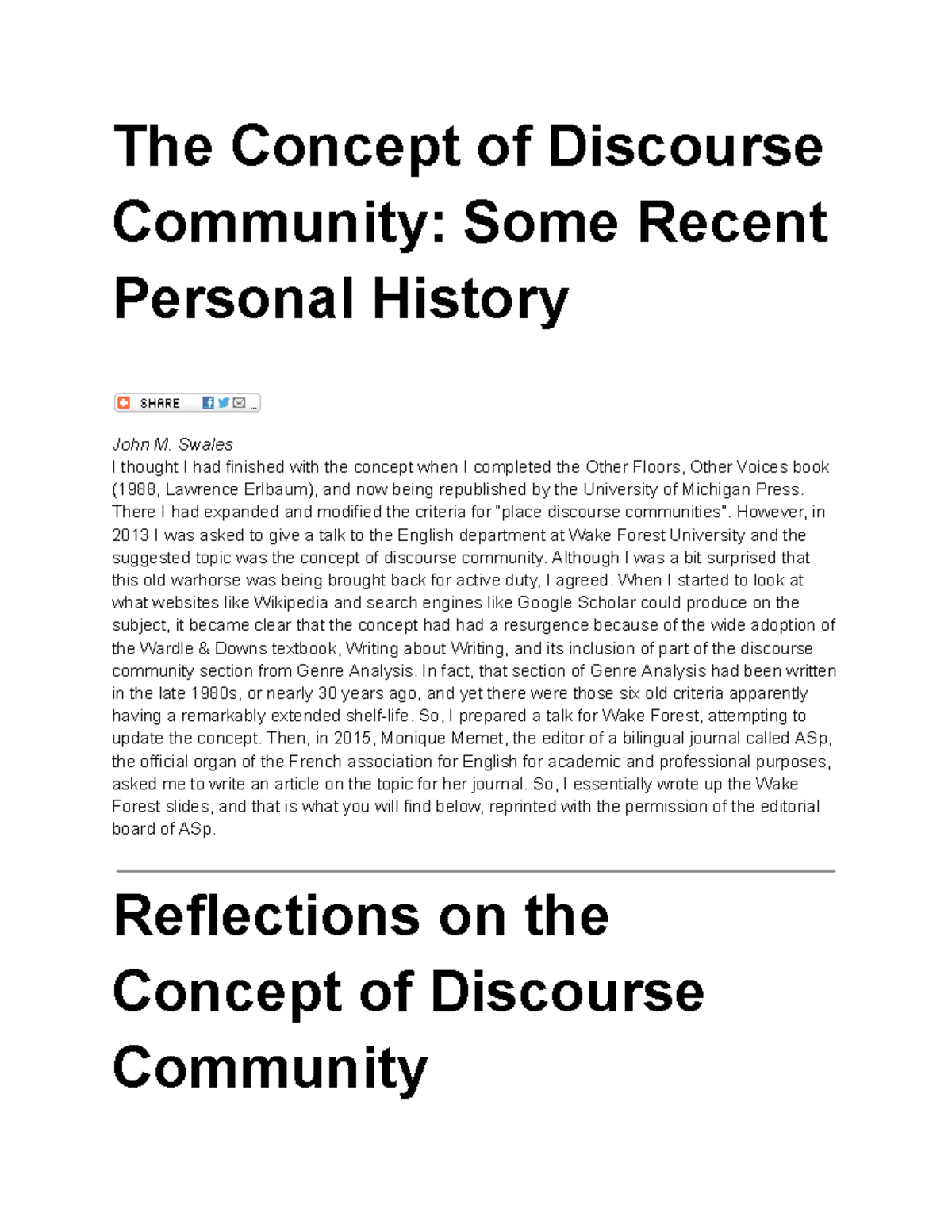 The Concept of Discourse Community Some Recent Personal History