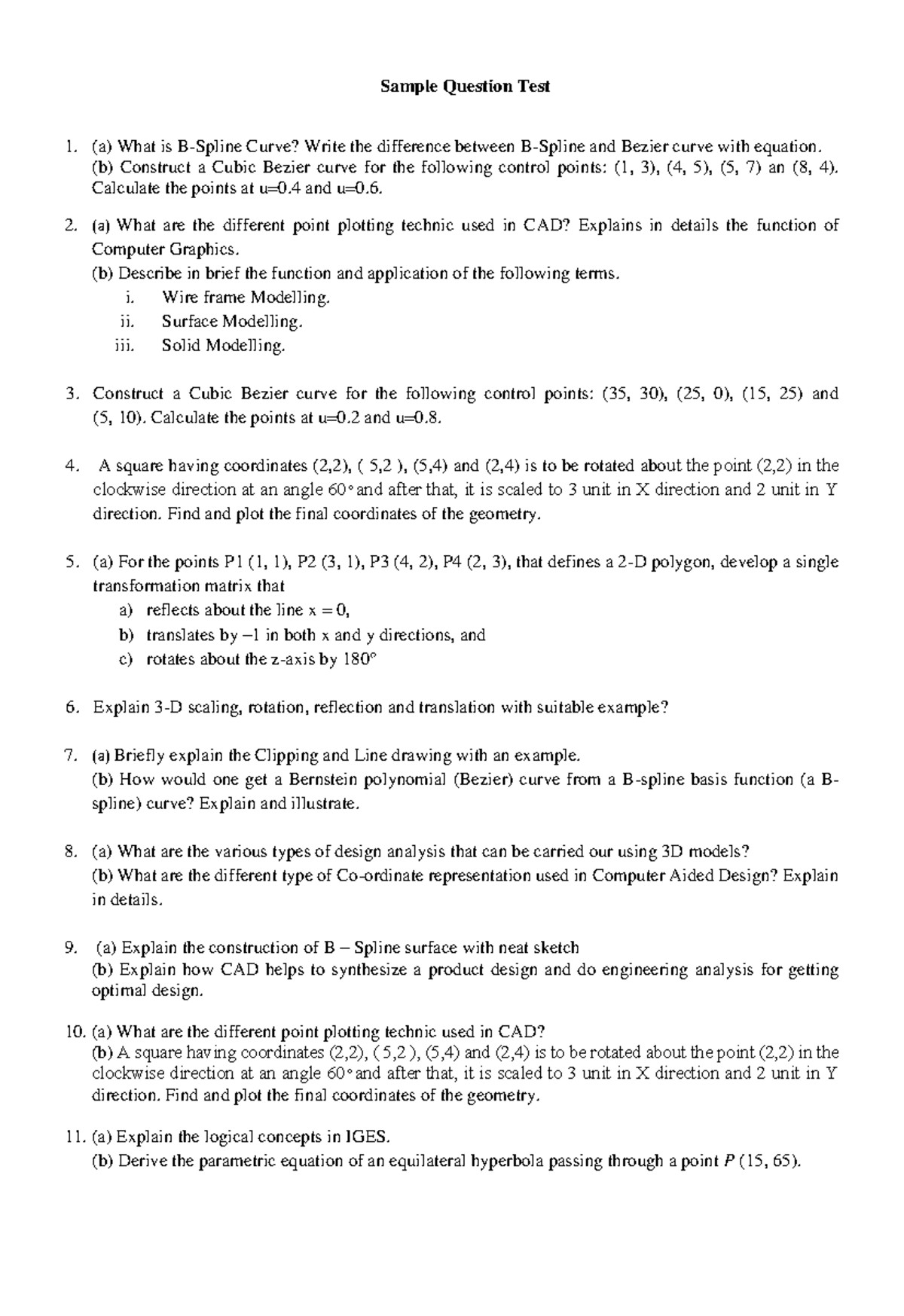 Sample Question CAD/CAM Sample Question Test (a) What is BSpline