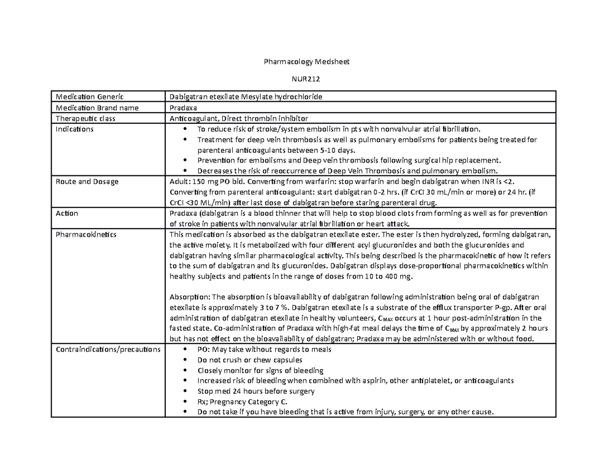 (Pradaxa) Dabigatran etexilate Mesylate hydrochloride Med Sheet