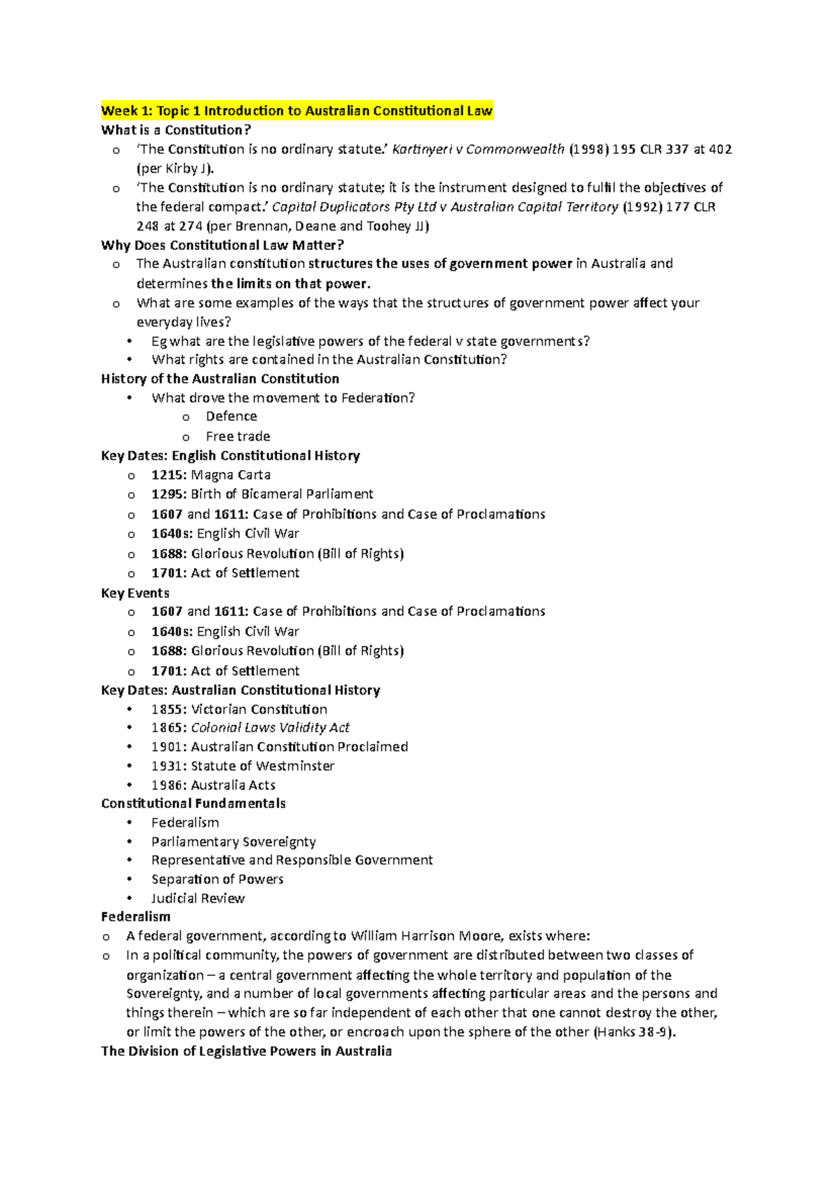 Constitutional law notes - Week 1: Topic 1 Introducion to Australian ...
