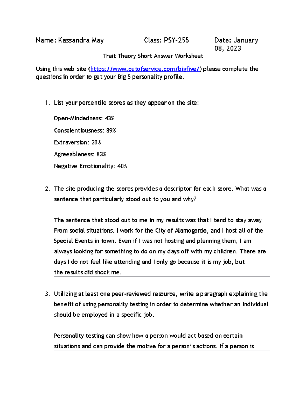 PSY 255 Trait Theory Short Answer Worksheet - Name: Kassandra May Class ...