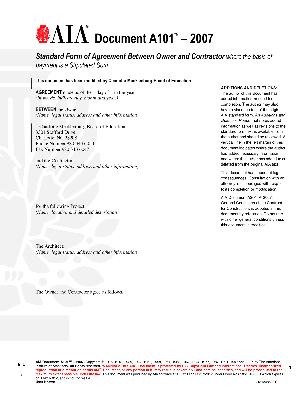 Arch270 Pdf W10.Agreement-A101 CMS Version - Document A TM – 2007 ...