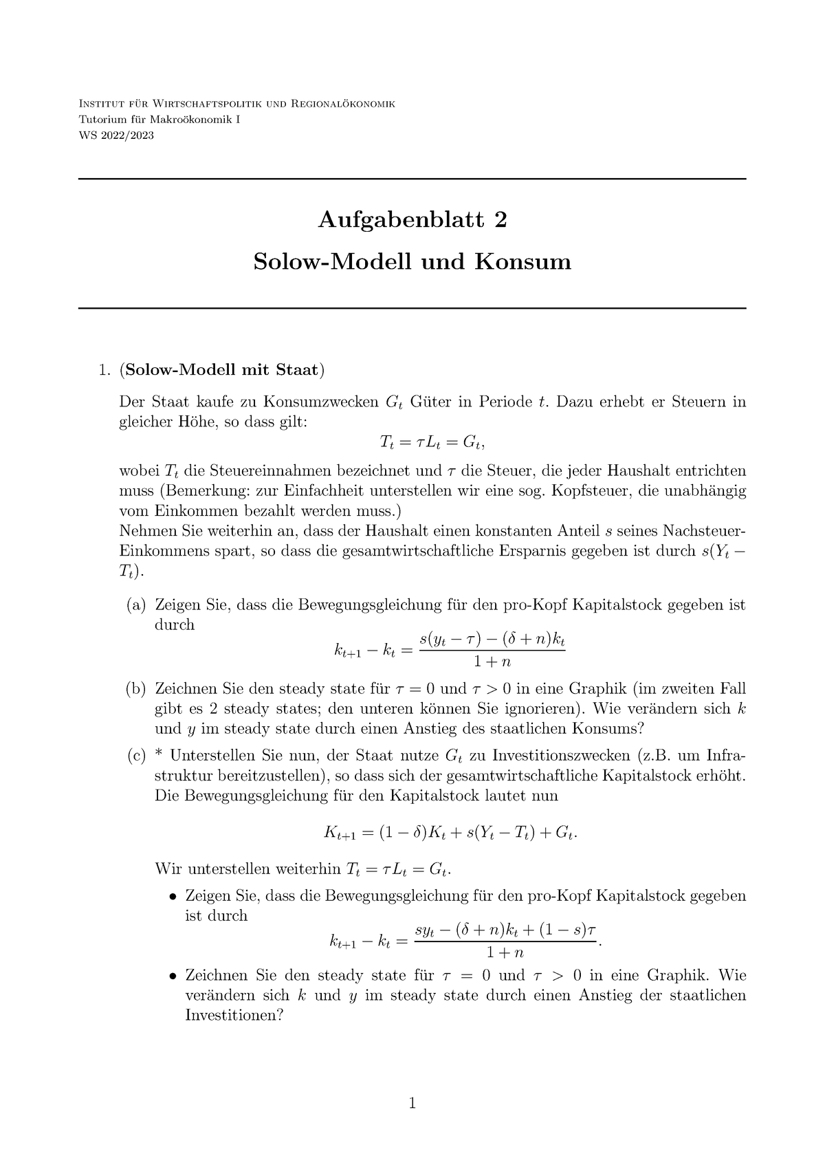 Aufgabenblatt 2 - Wintersemester - Institut F ̈ur Wirtschaftspolitik ...