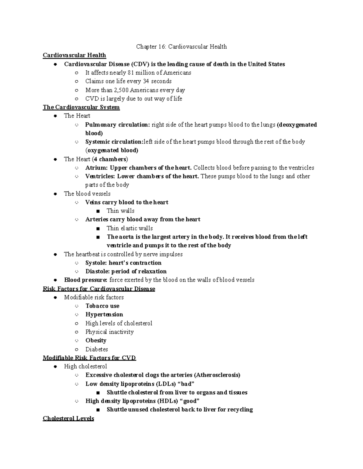 Health Science Exam 3 Notes Chapter 16 Cardiovascular Health