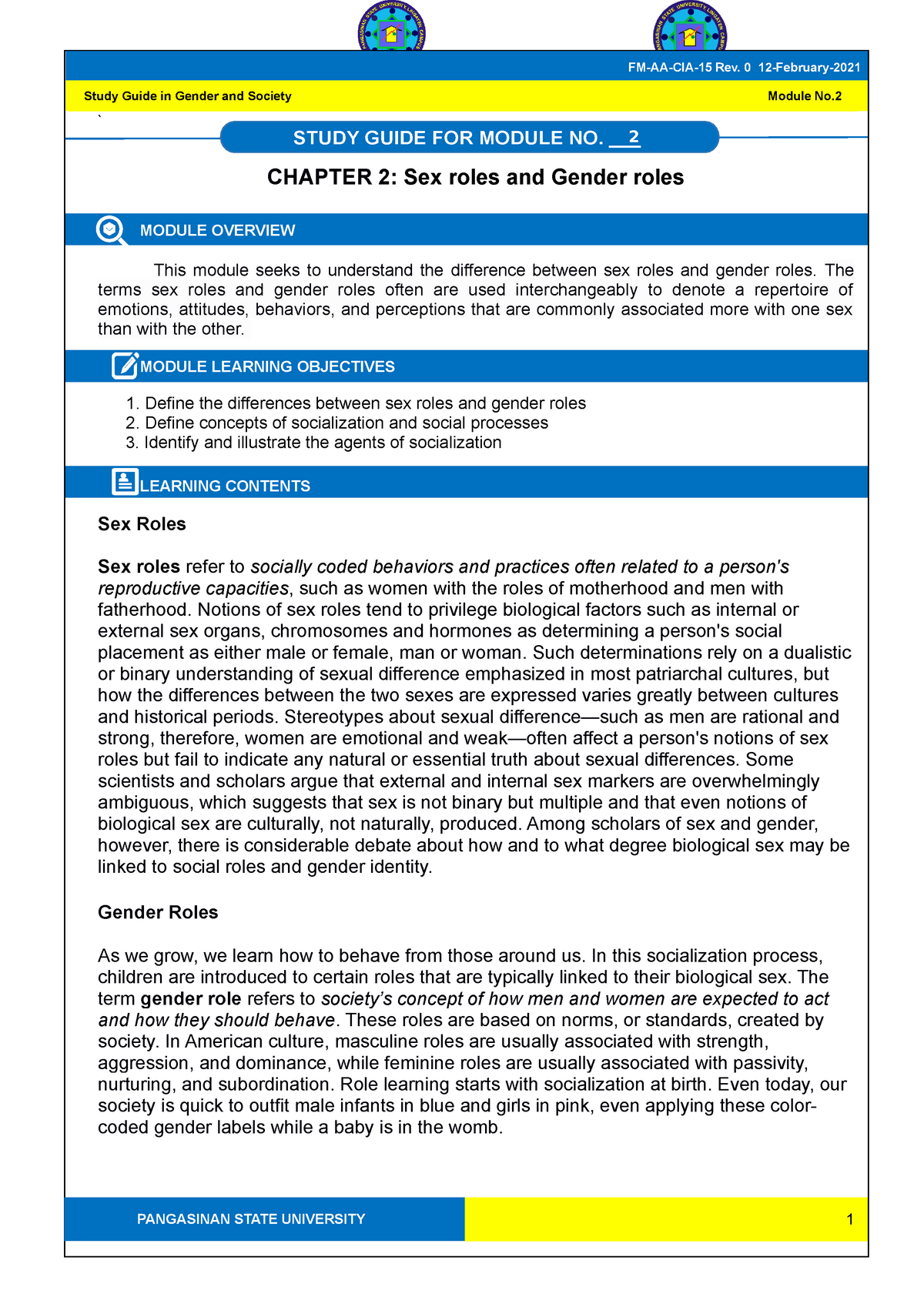 GEE2-Module-2 Sex-and-Gender-Roles - Gender and Society - PangSU - Studocu