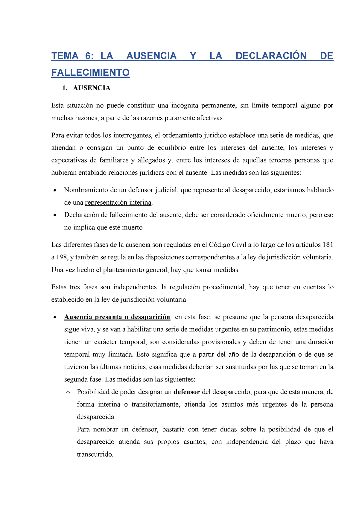 TEMA 6 Parte General Del Derecho Civil - TEMA 6: LA AUSENCIA Y LA ...