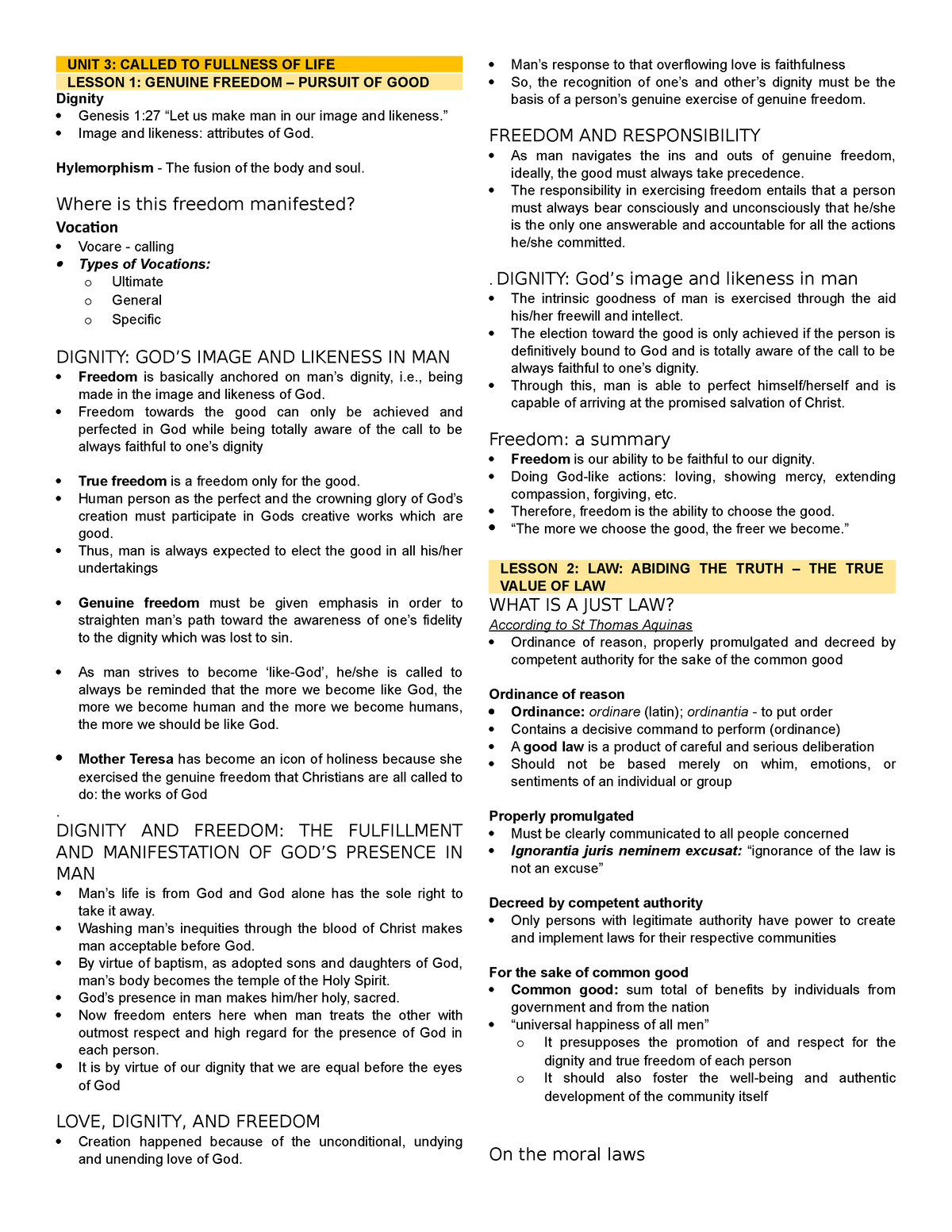 UNIT-3 - theology unit 3 notes - Dignity Genesis 1:27 “Let us make man ...