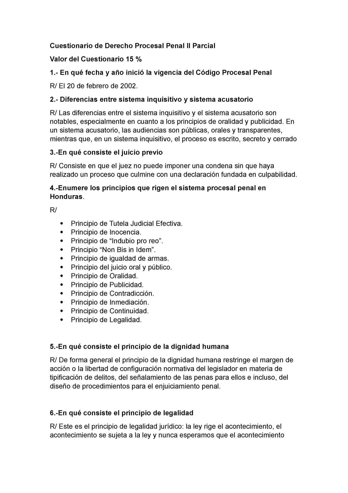 Cuestionario De Derecho Procesal Penal Ii Parcial En Qu Fecha Y A O