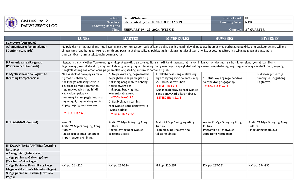 DLL MTB 3 Q3 W4 - Learning material - GRADES 1 to 12 DAILY LESSON LOG ...