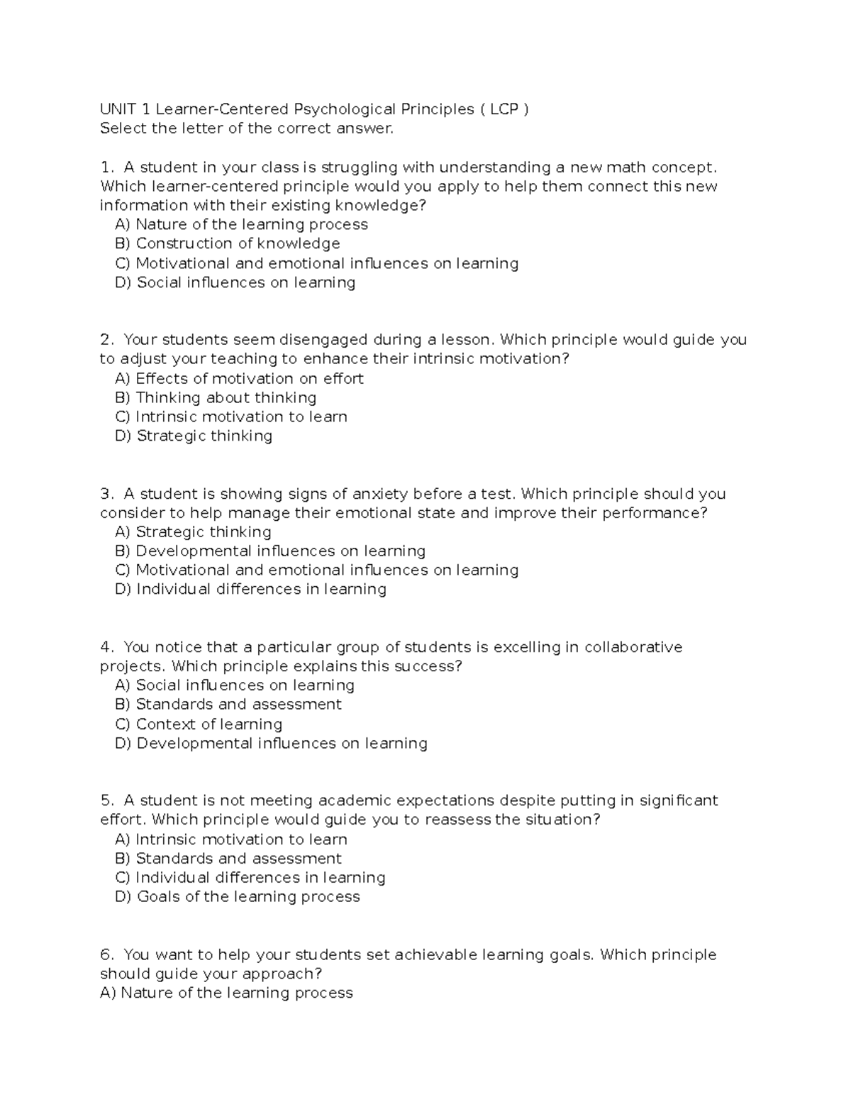 Written Tasks on UNIT 1 Learner-Centered Psychological Principles ( LCP ...