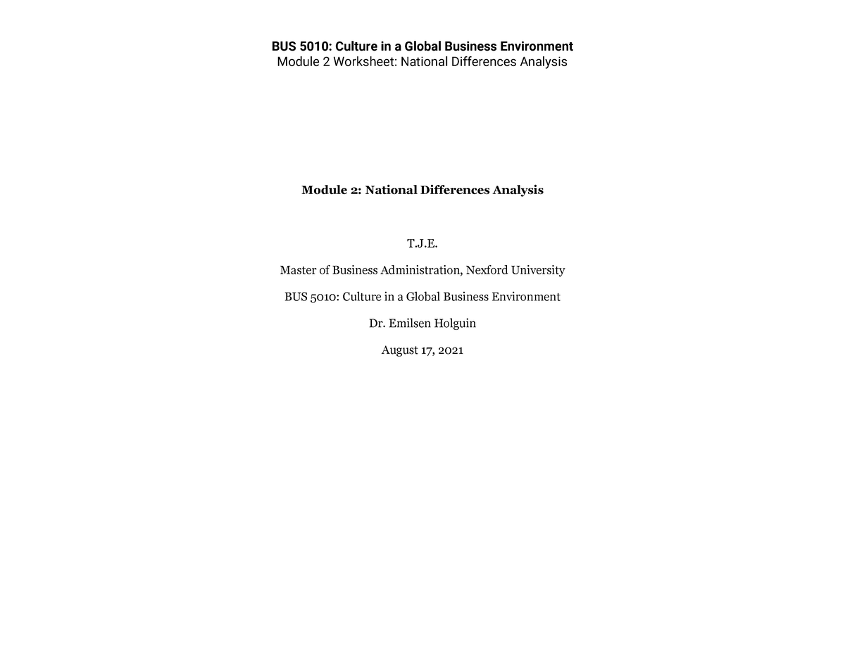 Bus5010module 2 - Assignment - Module 2 Worksheet: National Differences 