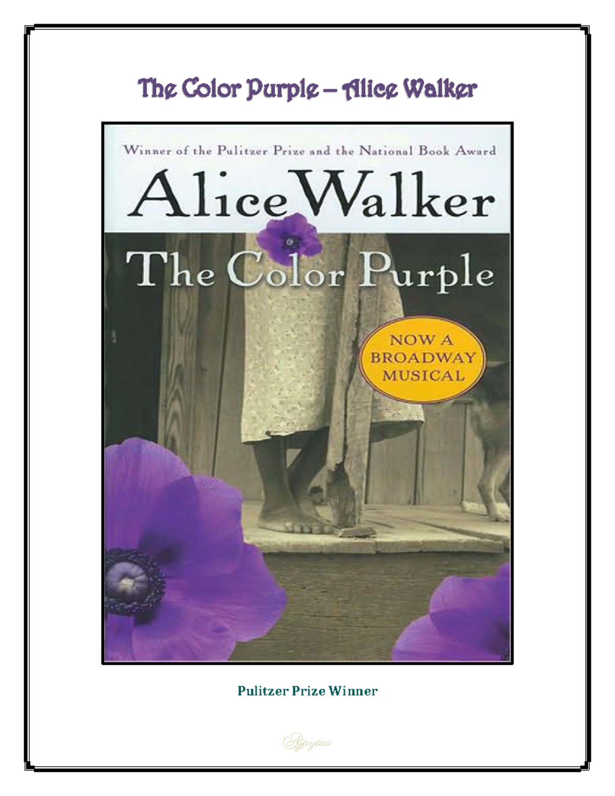 The color purple alice walker - Pulitzer r Prize Wiinner Ajaytao ...