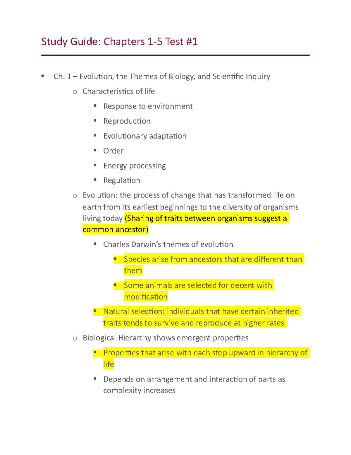 Biology 101 Study Guide Ch 1-5 - Study Guide: Chapters Test Ch. 1 ...