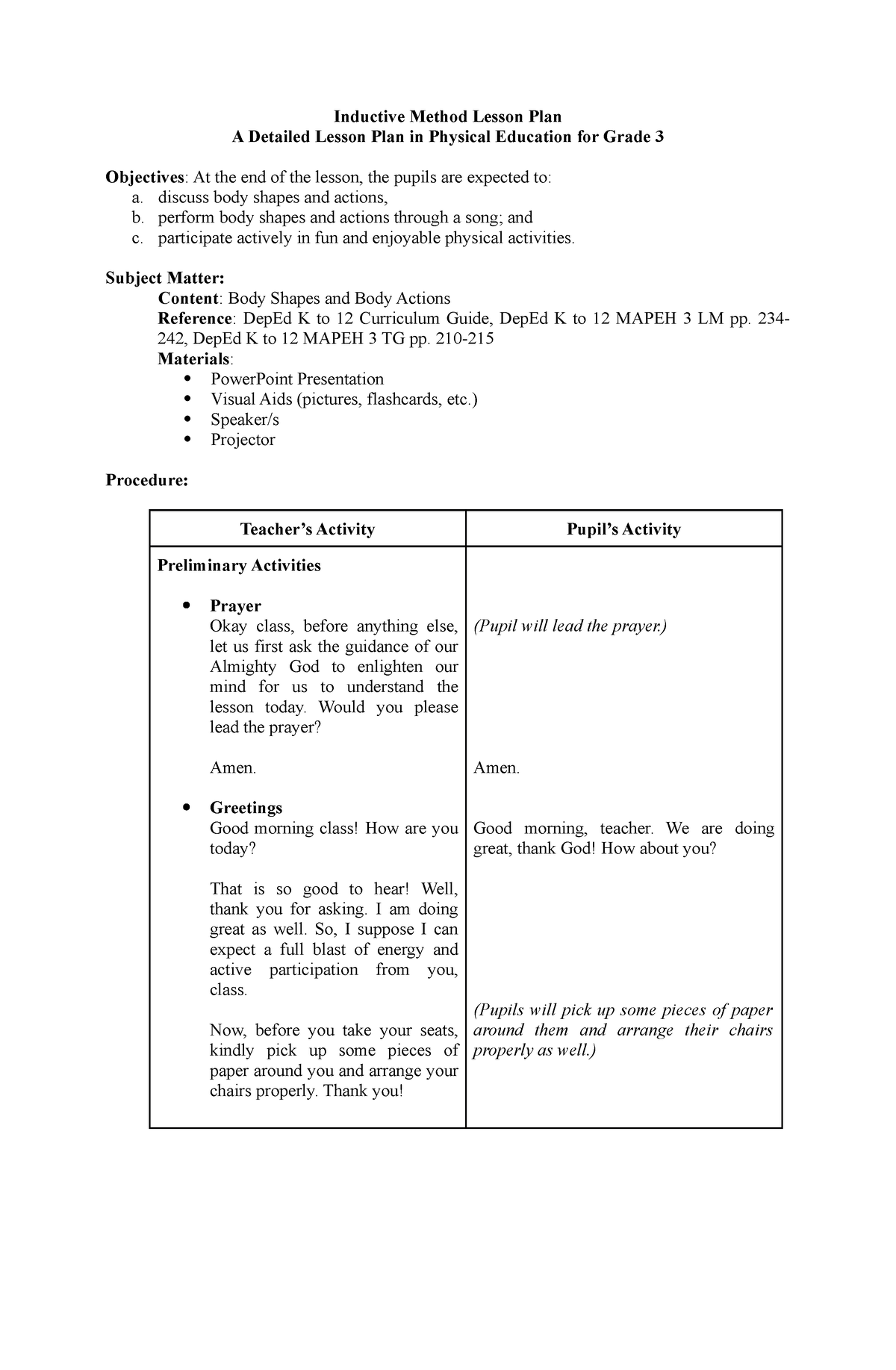 BPE Lesson Plan (Inductive Method) NEW - Inductive Method Lesson Plan A ...