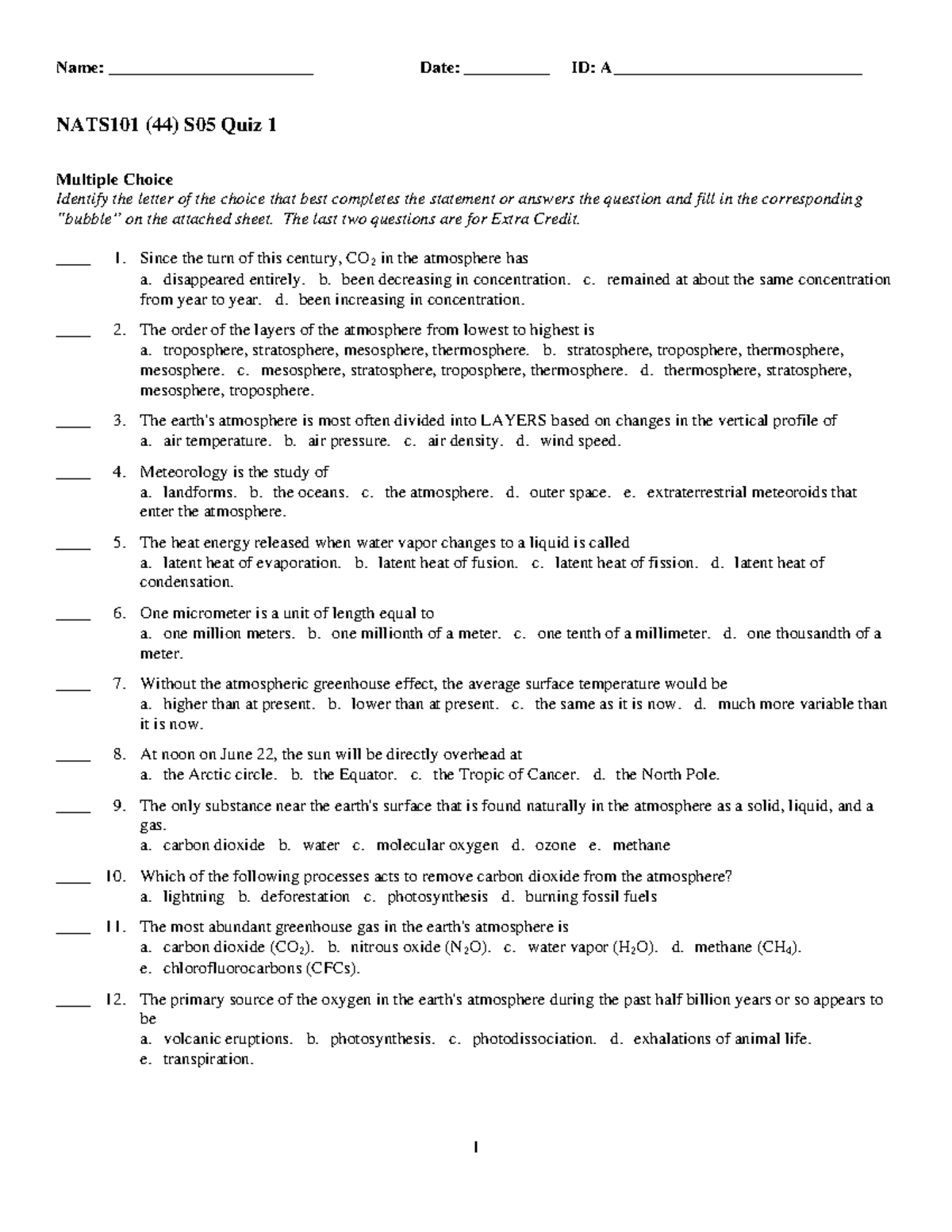 NATS101 (44) S05 Quiz 1 - Name: ________________________ Date ...