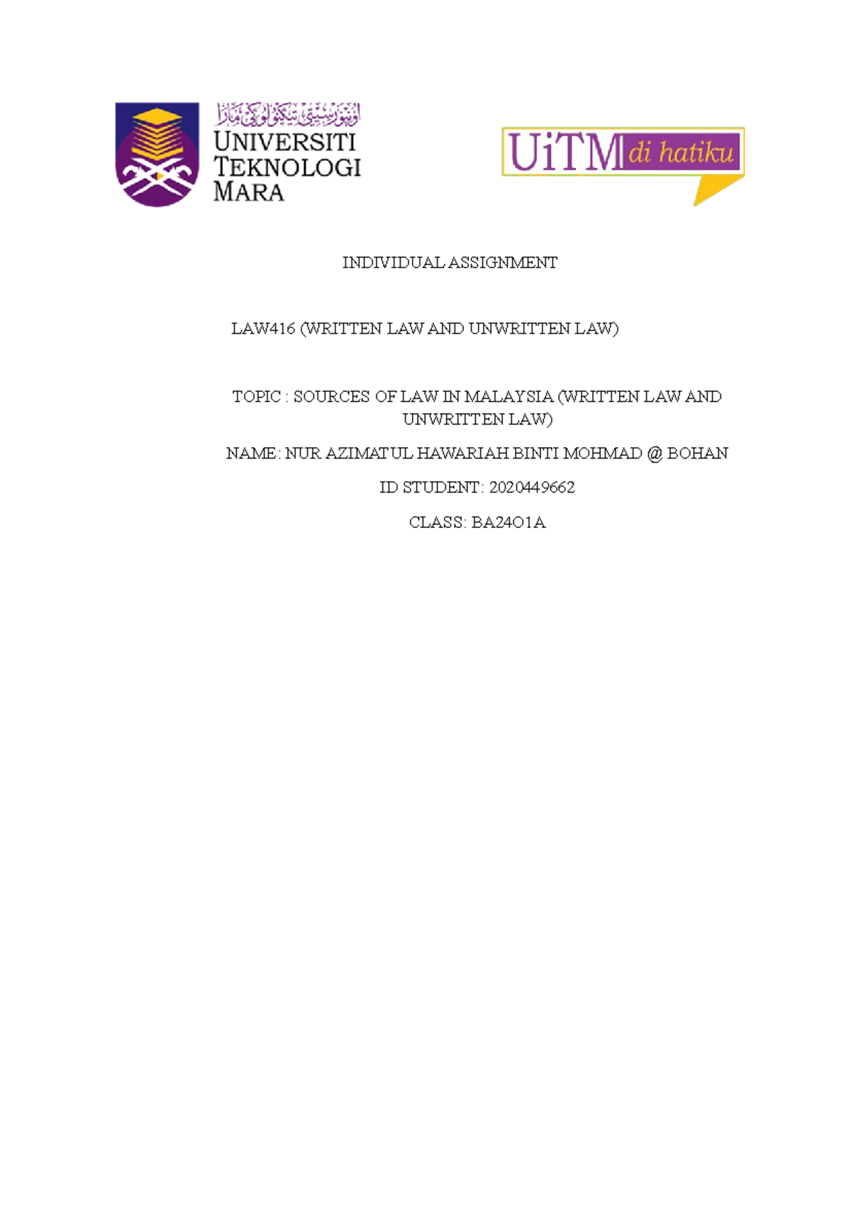 Individual Assignment (LAW416) - INDIVIDUAL ASSIGNMENT LAW416 (WRITTEN ...