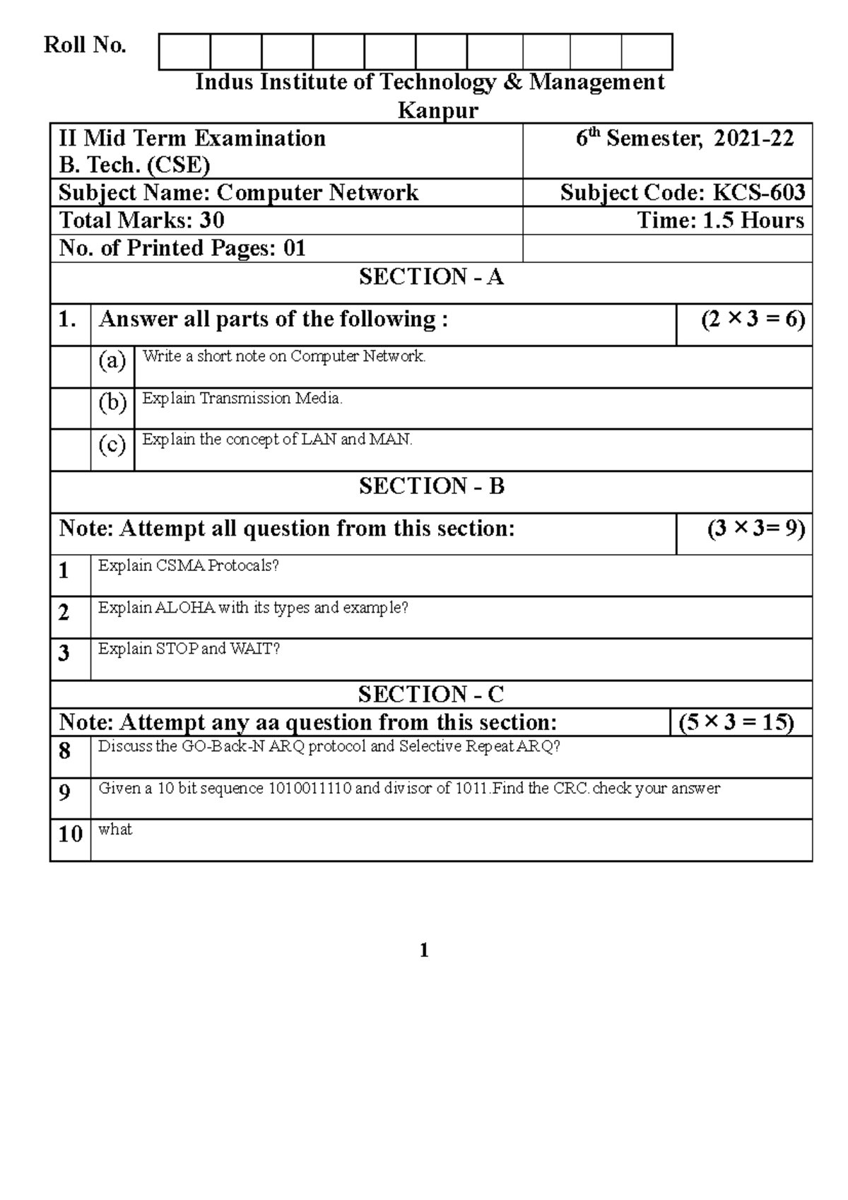 CN MID - PAPER - Roll No. Indus Institute of Technology & Management ...