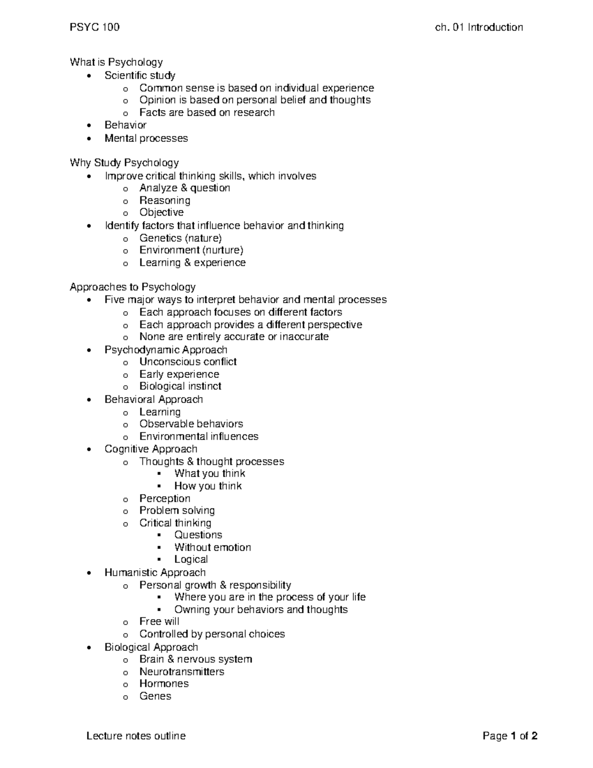 General Psychology 100 - Chapter 1 - Introduction to Psychology - PSYC ...