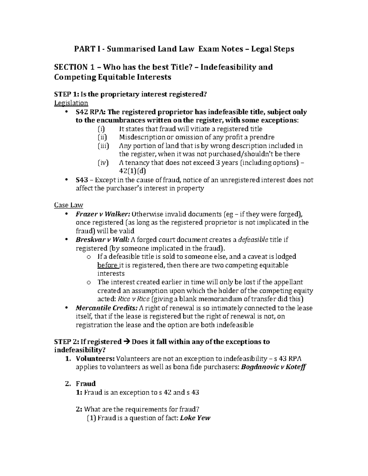 Hd land law notes - PART I -­‐‑ Summarised Land Law Exam Notes – Legal ...