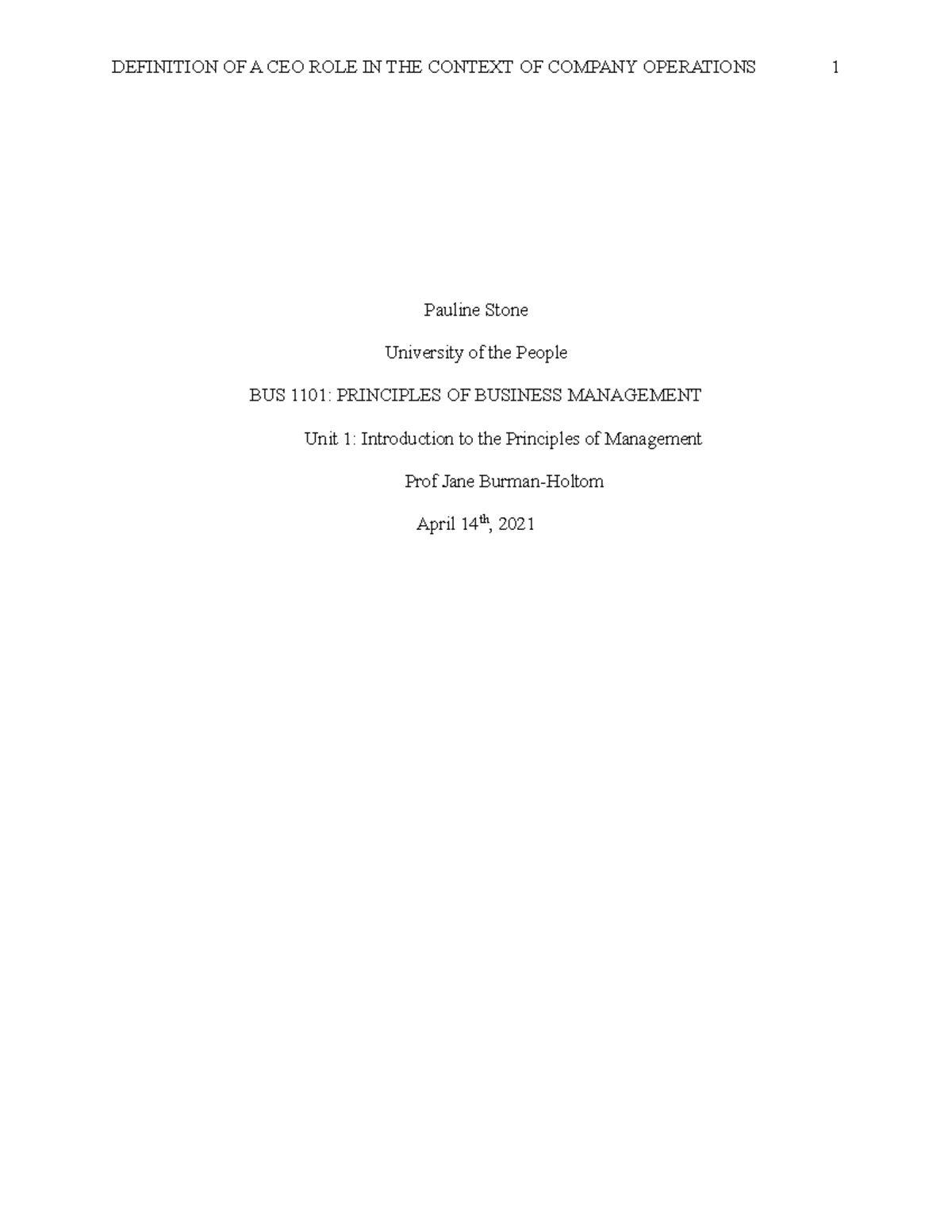 Pauline Stone DEFINITION OF A CEO ROLE IN THE CONTEXT OF COMPANY