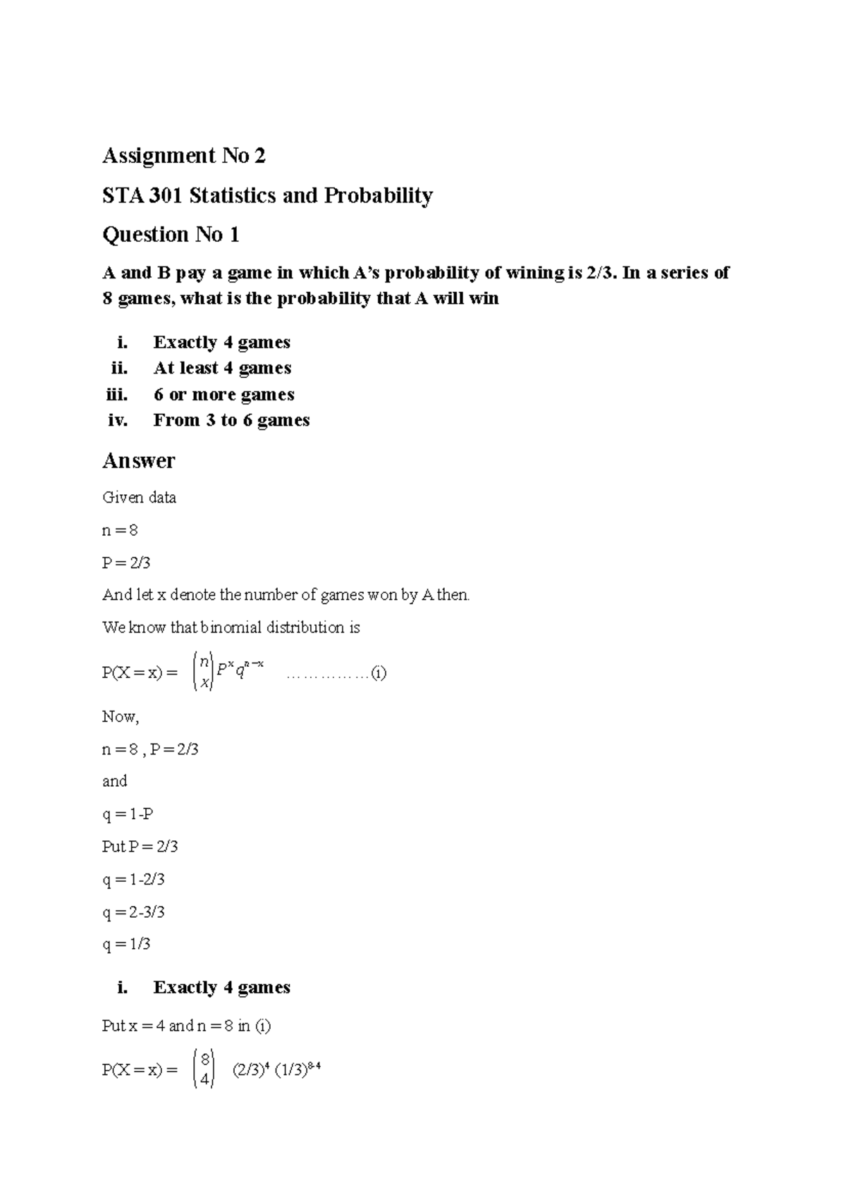 STA 301 Assignment - Assignment No 2 STA 301 Statistics And Probability ...