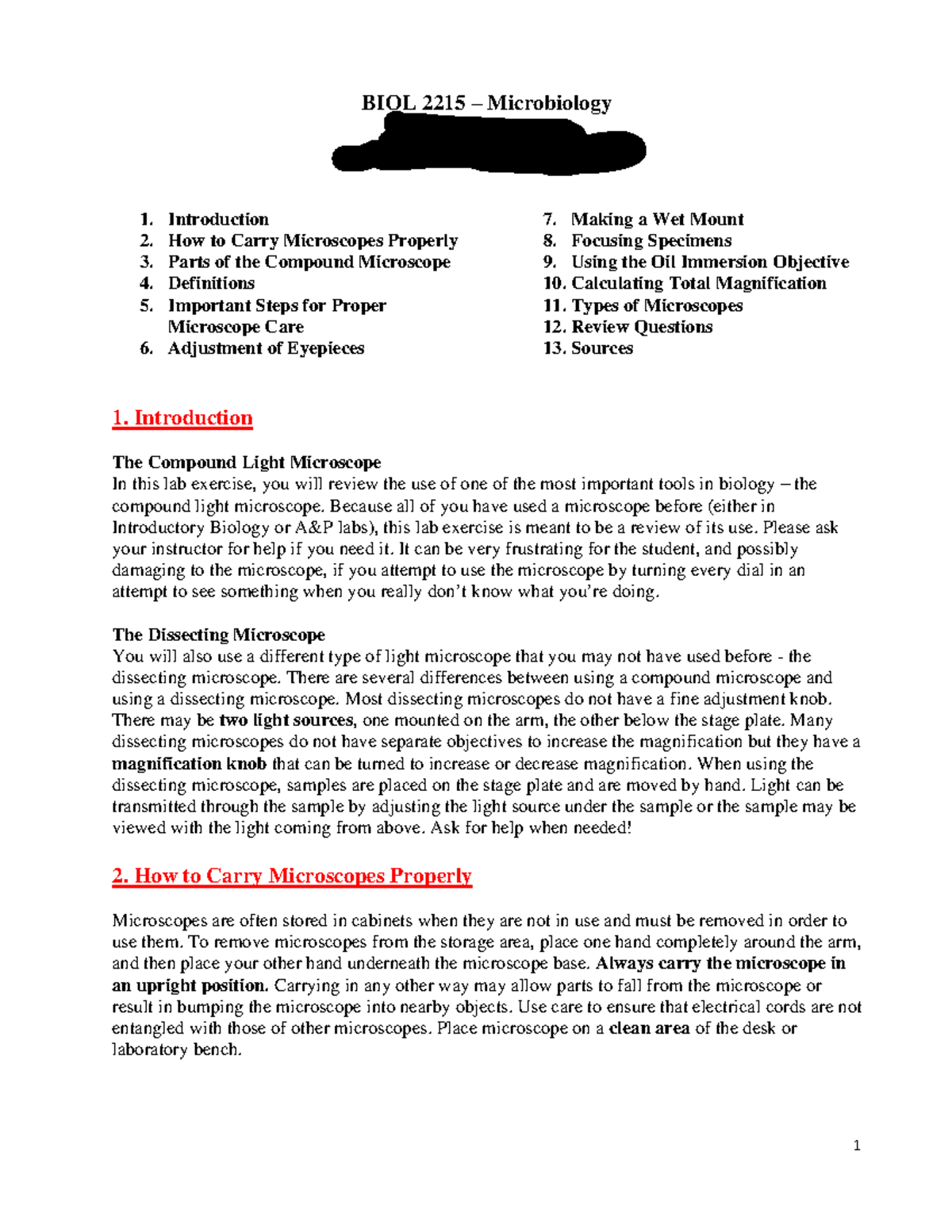 Lab Ex. 5 - Microscopy Review - Spring 2020 - BIOL 2215 – Microbiology ...