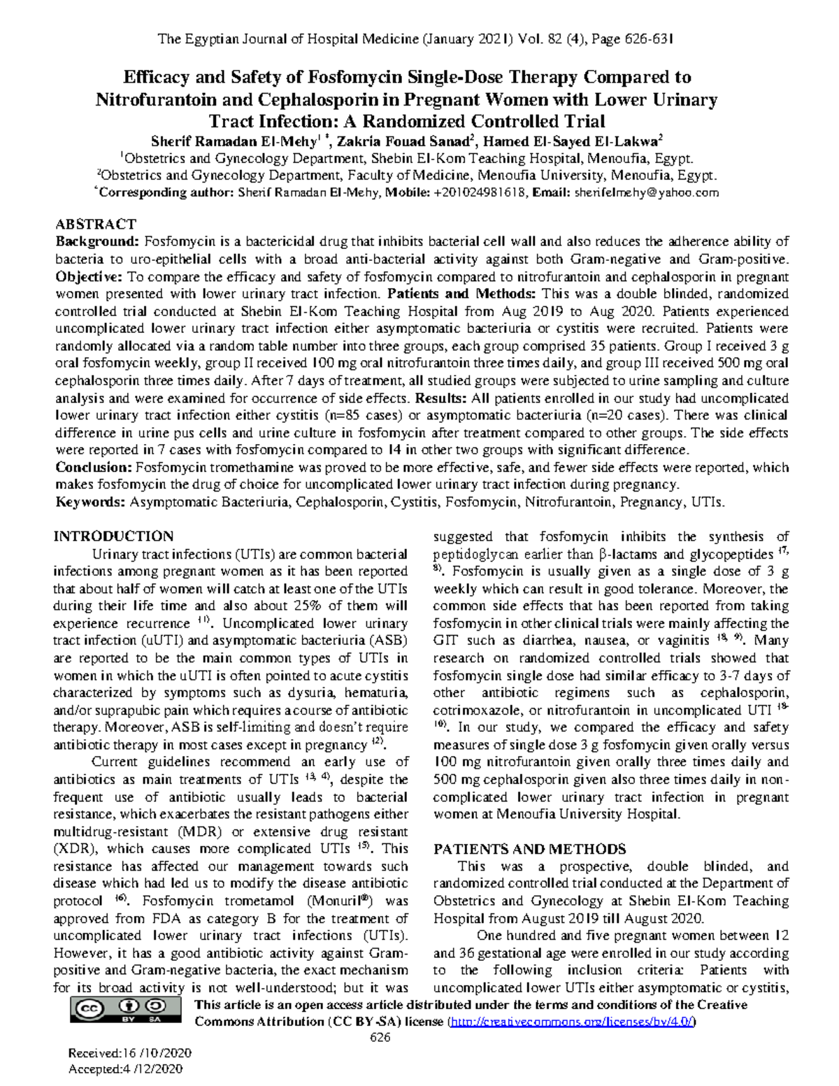 Ejhm Volume 82 Issue 4 Pages 626 631 The Egyptian Journal Of Hospital Medicine January 2021 0697