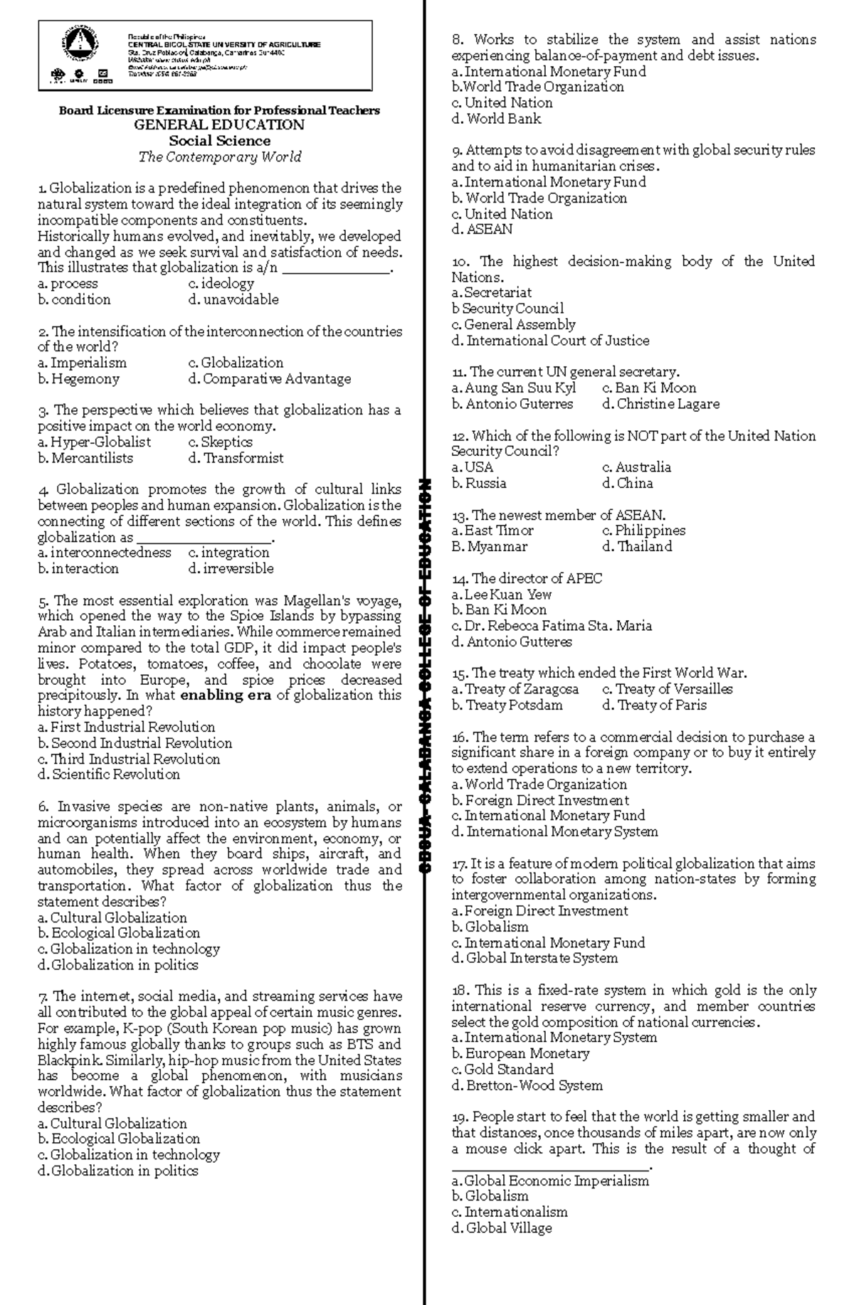 GEC 7 LET TEST - Let revieww - CBSUA - CALABANGA COLLEGE OF EDUCATION ...